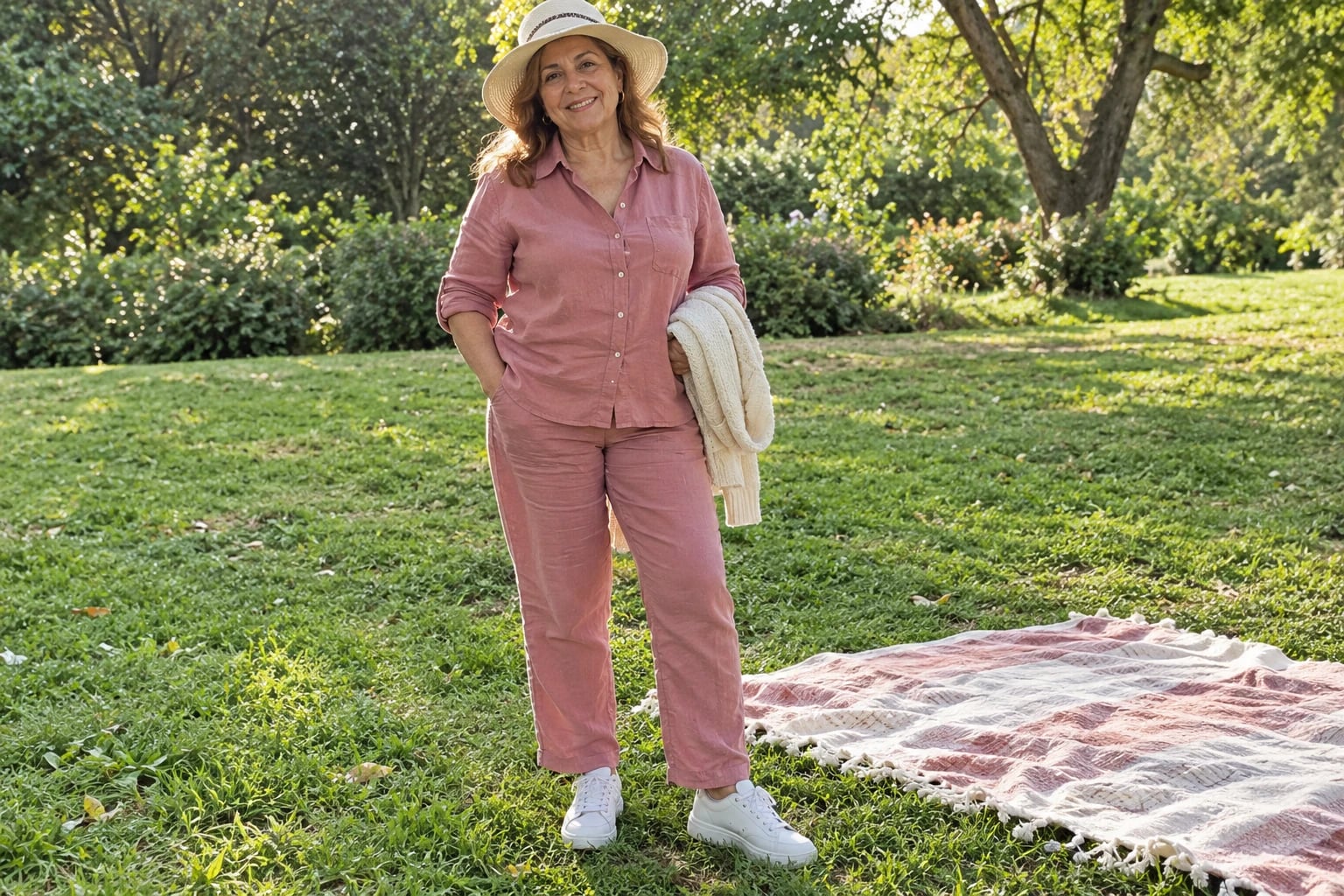 A woman in her sixties stands in a sunny park in a dusty rose linen shirt and trousers with a sun hat.