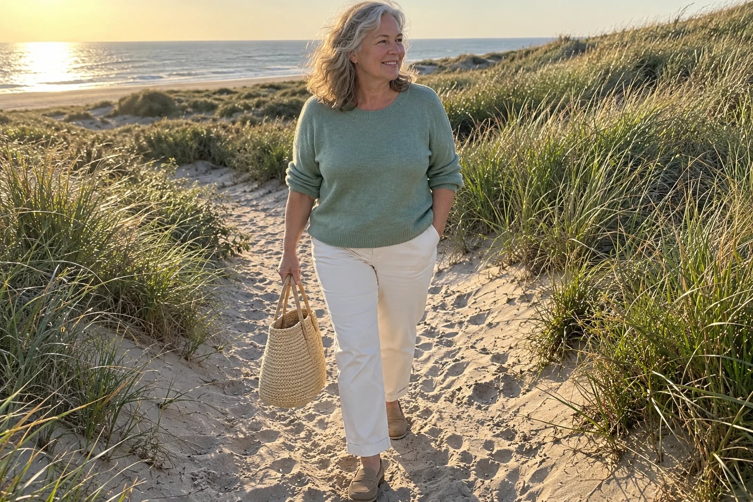 A woman in her fifties walks a dune path in a sea glass green linen sweater, ecru trousers and tan loafers.