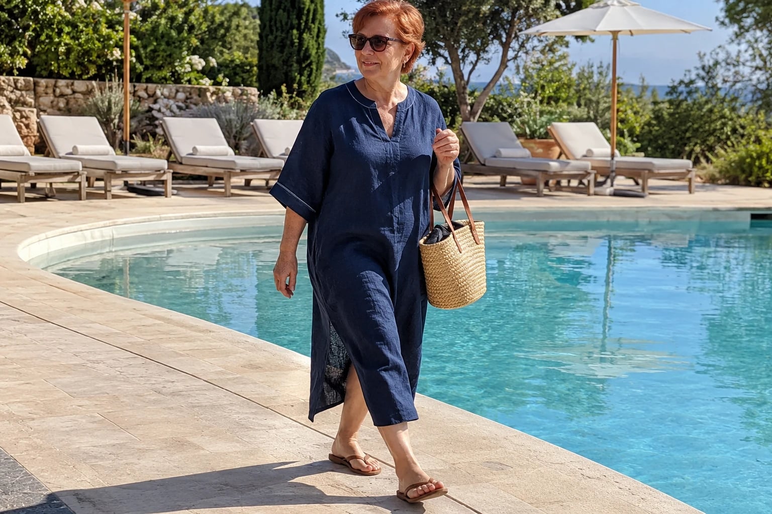 A woman in her sixties walks poolside in a navy linen kaftan, sunglasses and a woven basket bag.