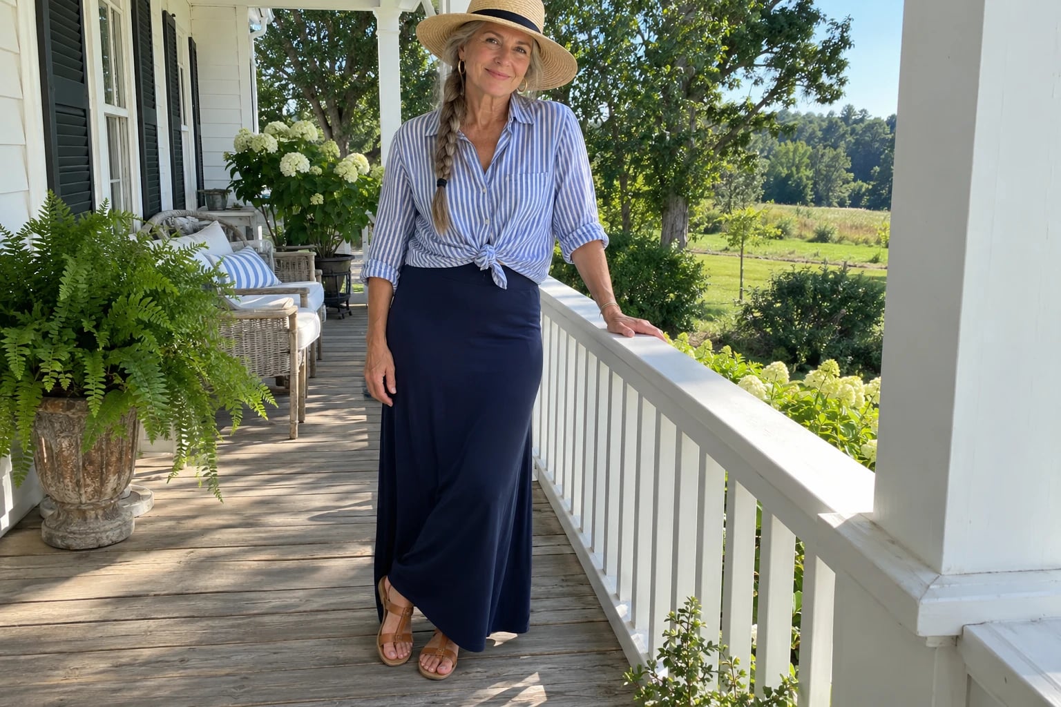 A woman in her fifties leans on a white porch railing wearing a knotted striped linen shirt and navy maxi skirt.