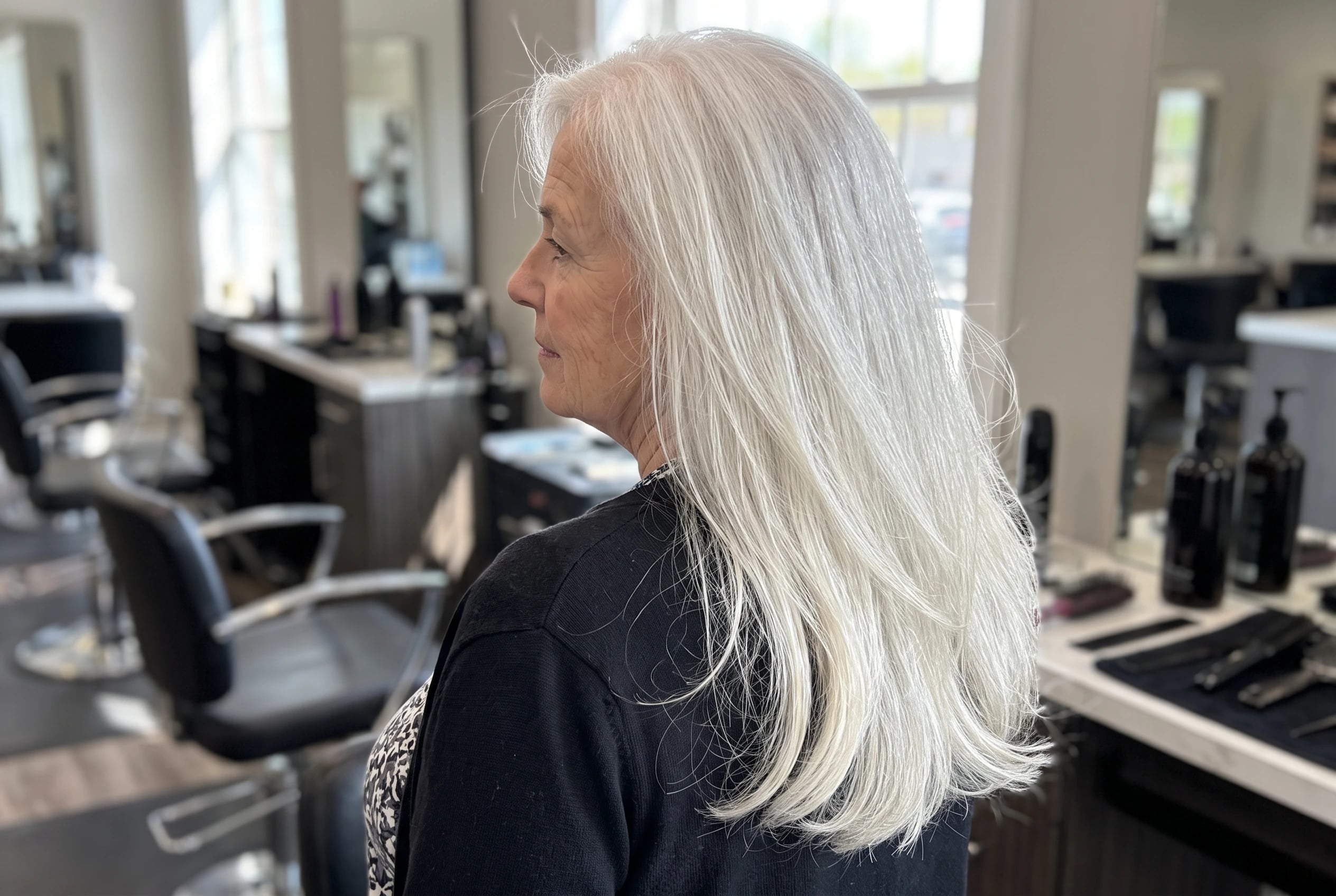Long hair with internal weight removal swings behind a woman over 50 as she turns in a salon, its full ends clearly visible.