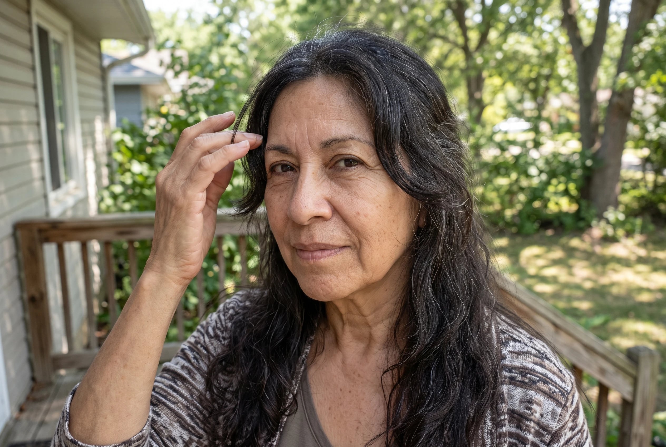 Long waves with face-framing pieces move around a woman in her sixties as she steps onto a front porch.