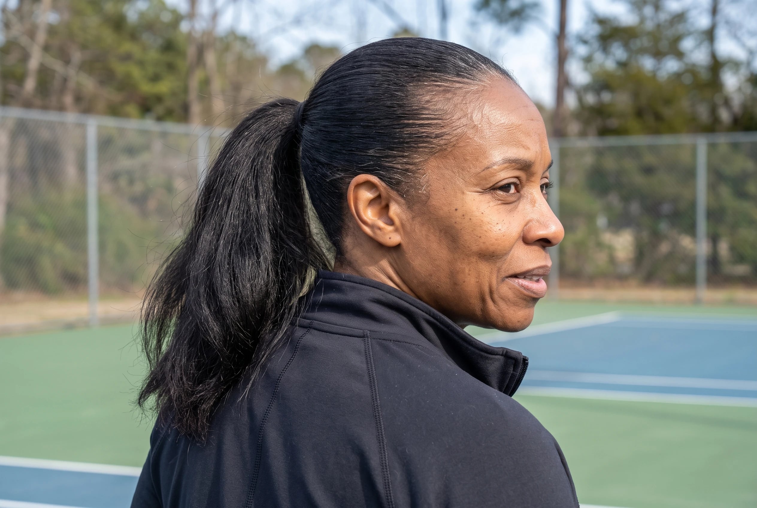 A high ponytail with full ends swings behind a woman in her late fifties crossing a tennis court.