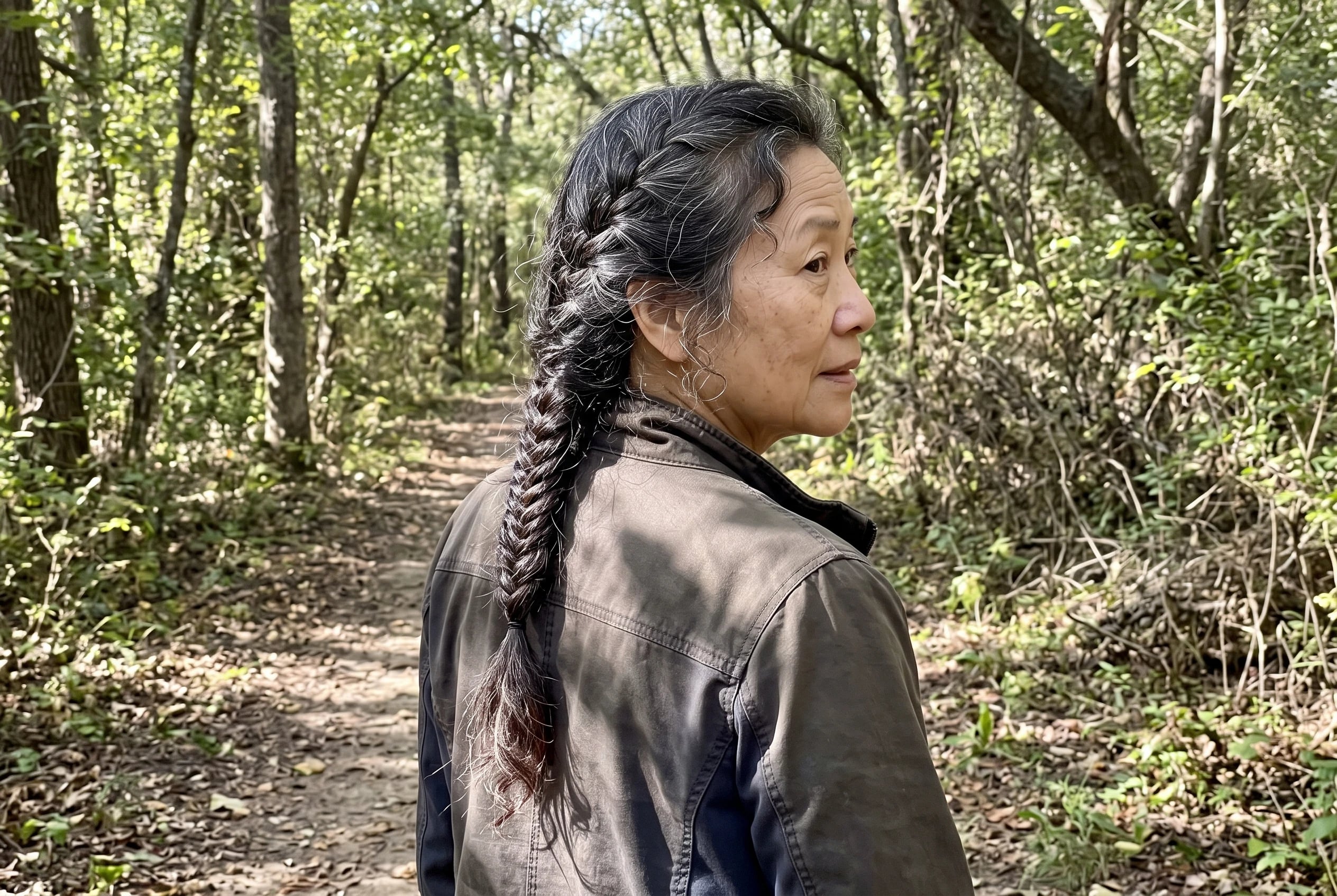 A loose fishtail braid hangs down the back of a woman in her sixties walking along a wooded path.
