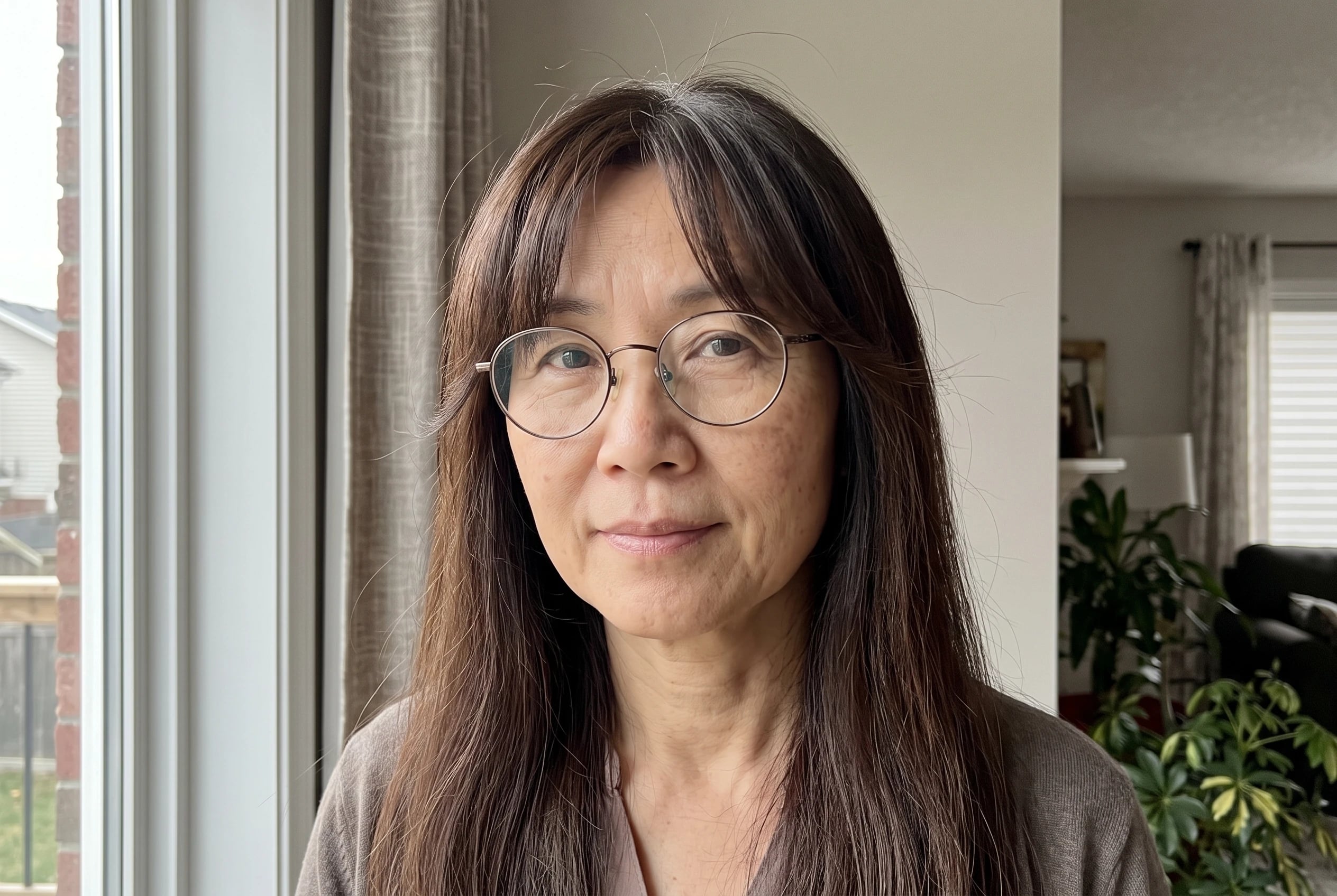 Long hair with curtain bangs frames a woman in her late fifties wearing glasses as she looks out a living room window.