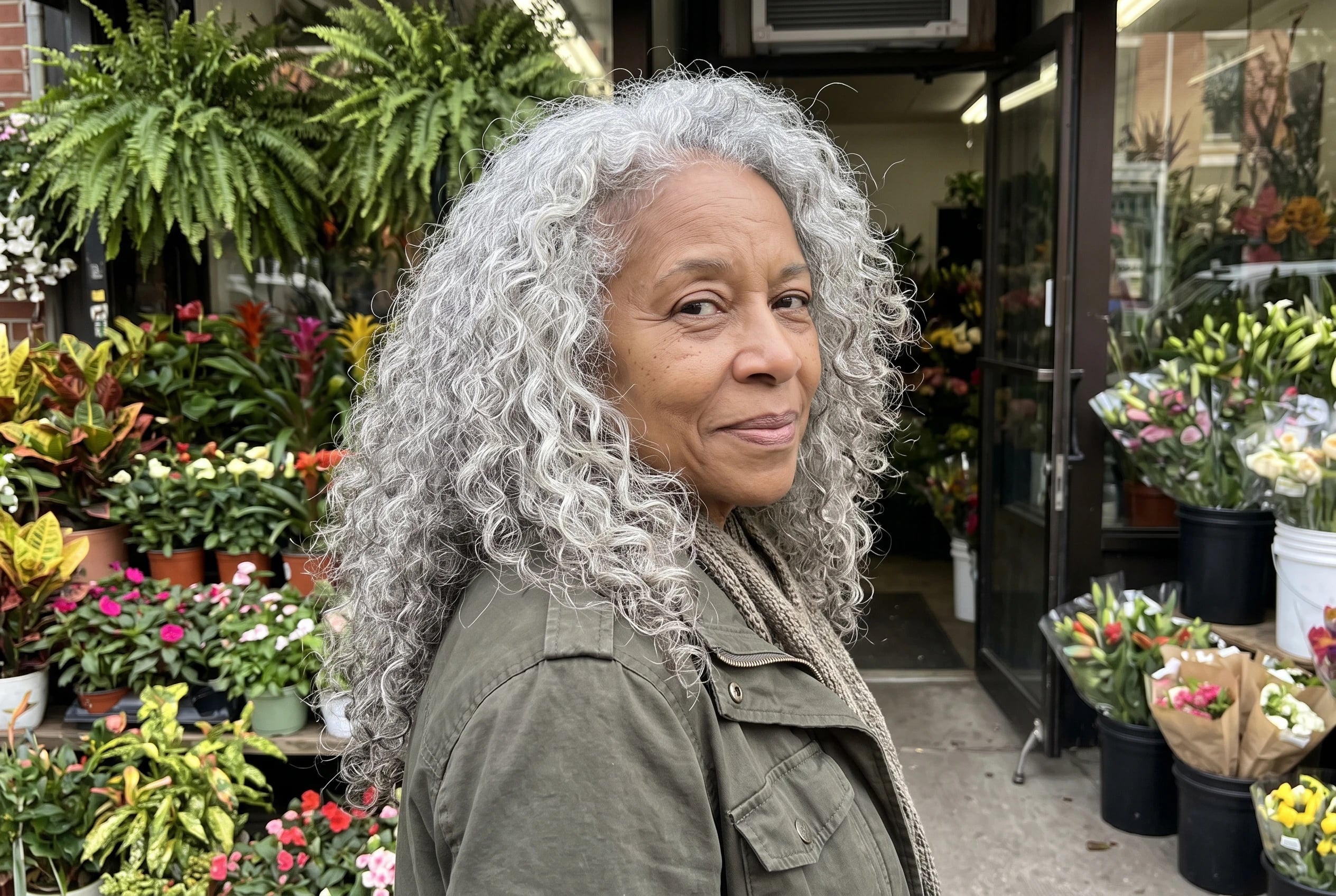 Long curls with rounded layers surround a woman in her sixties as she stands outside a neighborhood flower shop.