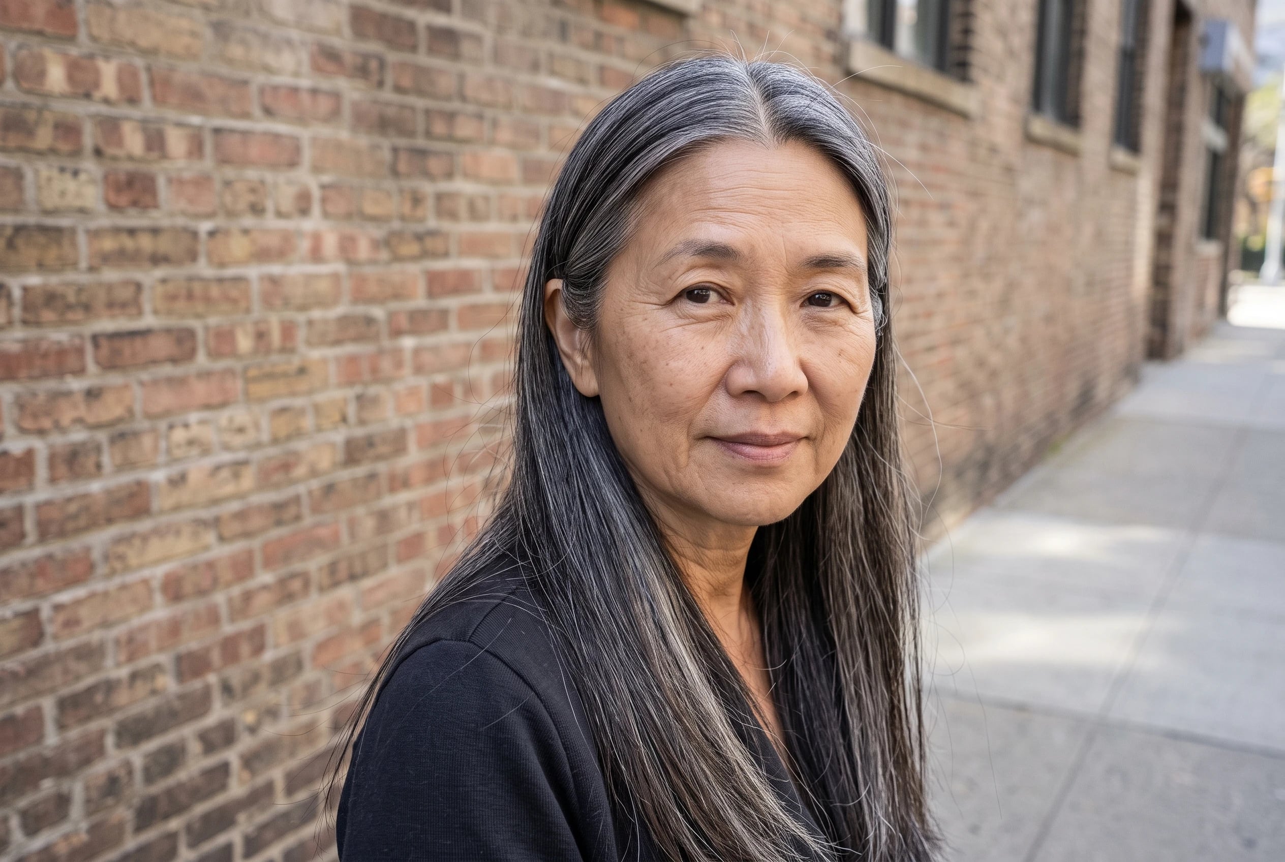 A center part with tucked sides keeps a woman in her sixties' straight hair behind her ears as she crosses a city sidewalk.