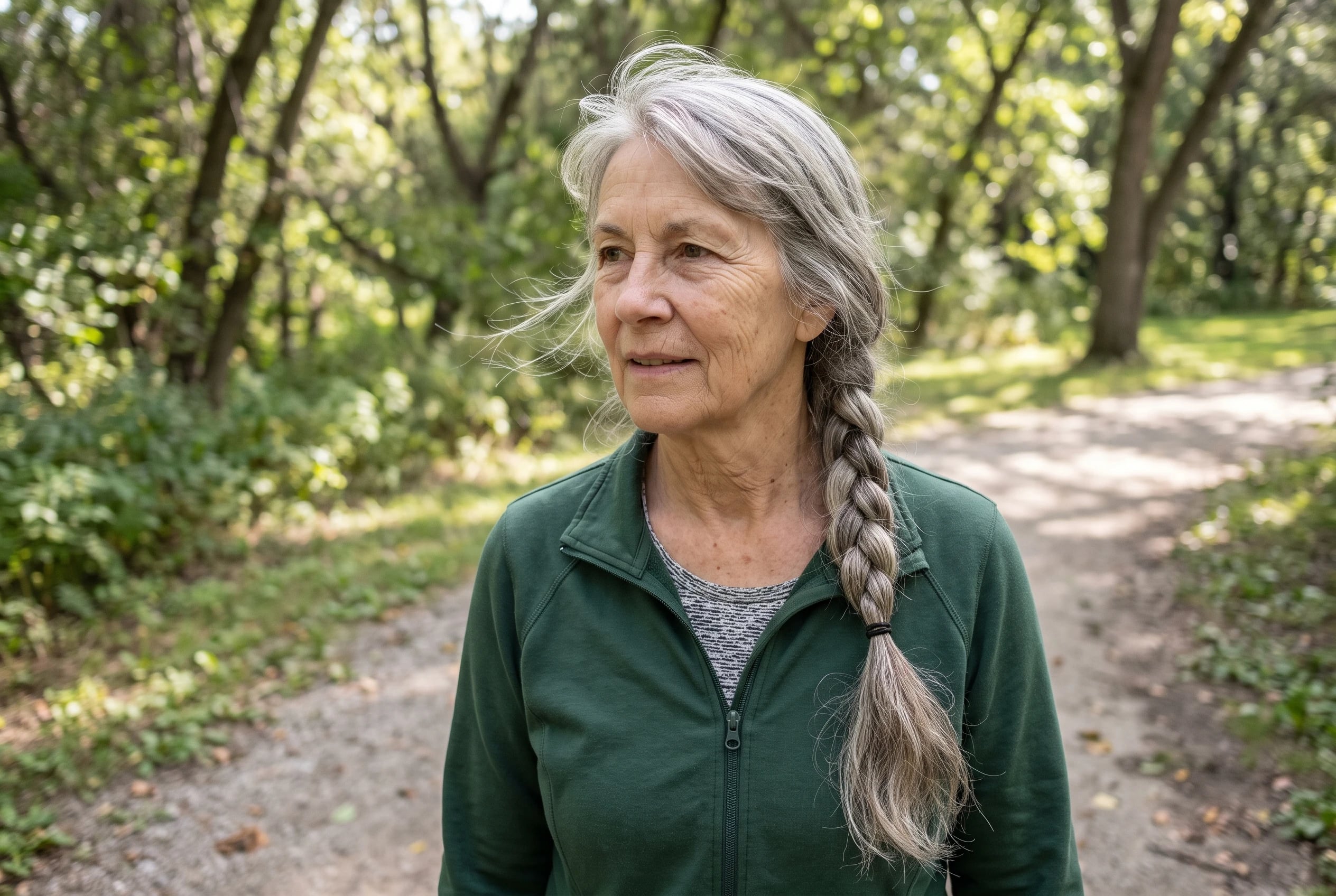 A long braid over one shoulder rests against the sweater of a woman over 50 walking through a park.