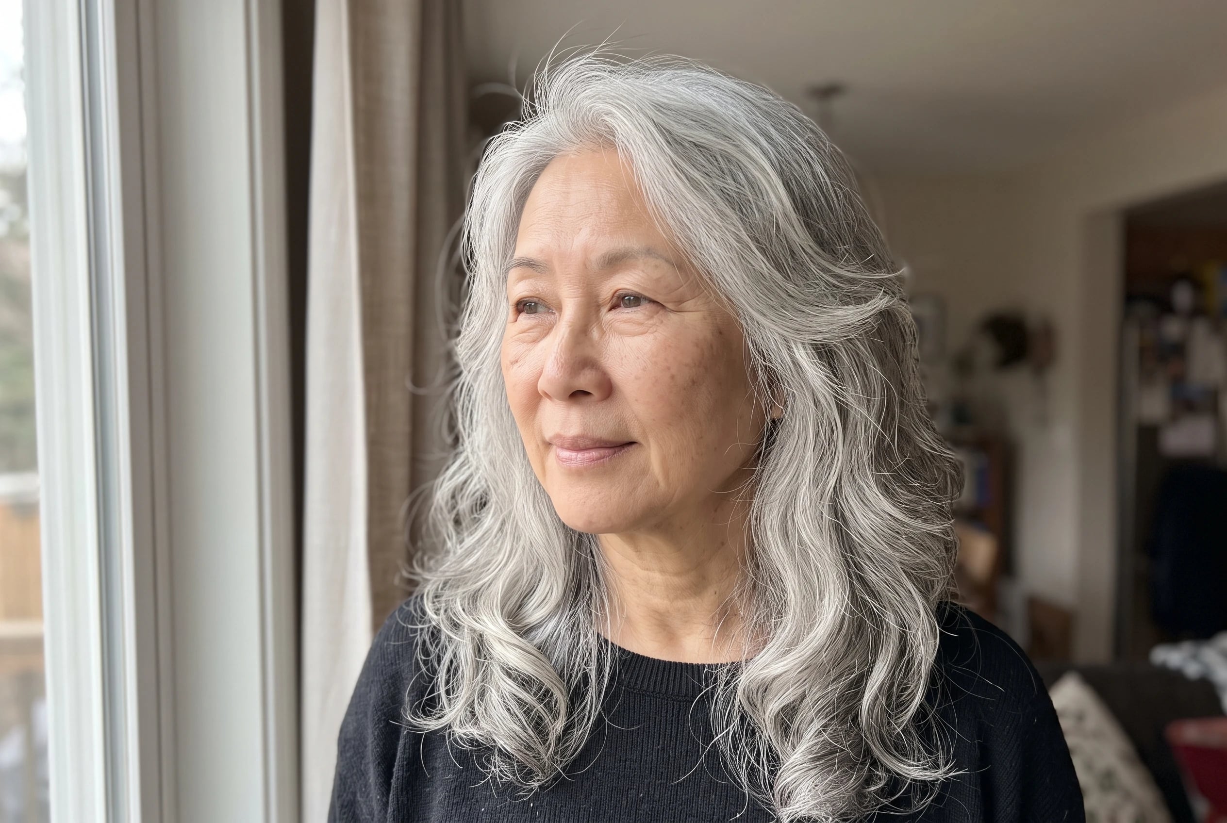 Long silver hair with soft waves falls past the shoulders of a woman in her sixties standing beside a sunlit window.