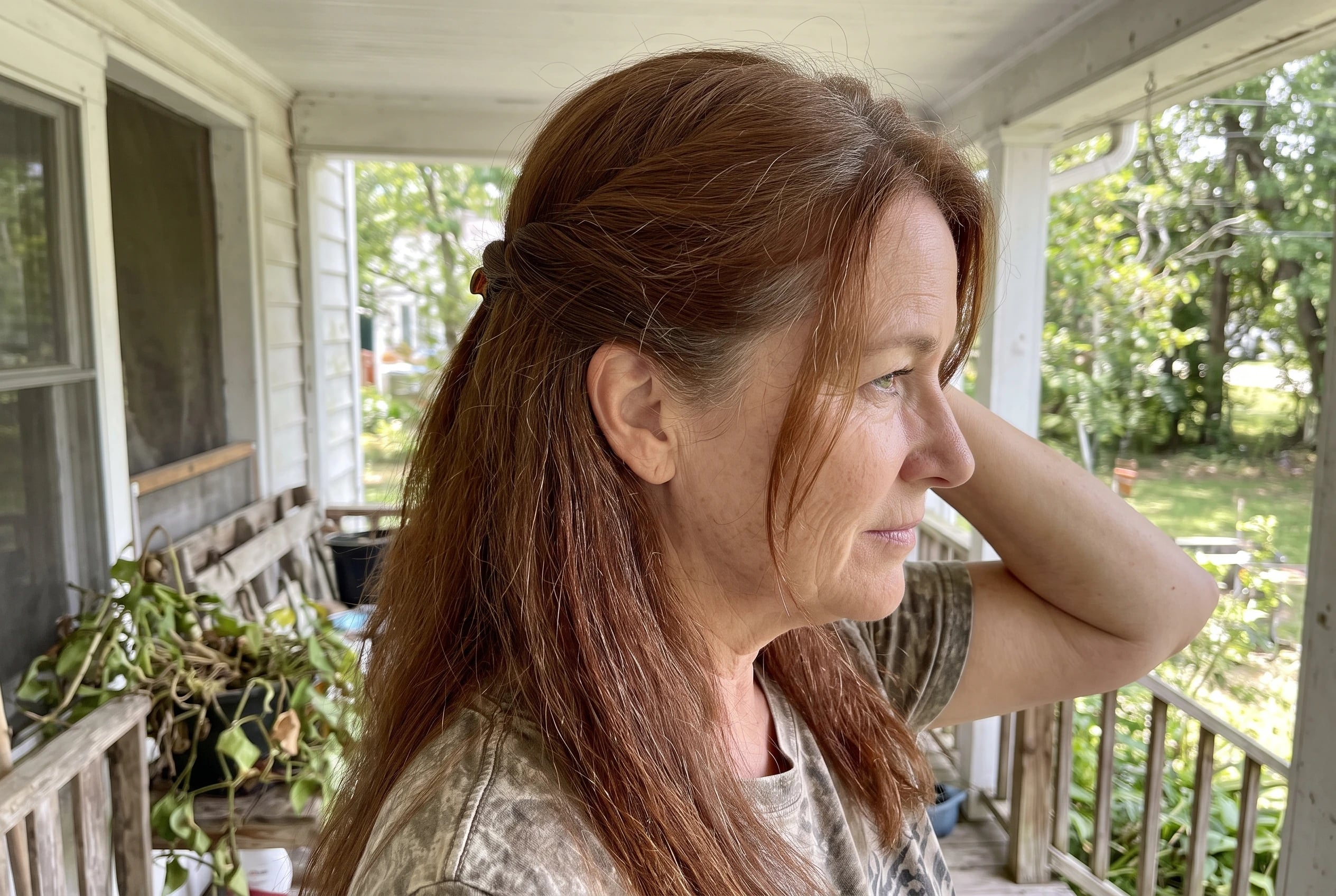 A loose half-up twist holds the front of a woman in her late fifties' long hair while she stands on a porch in daylight.