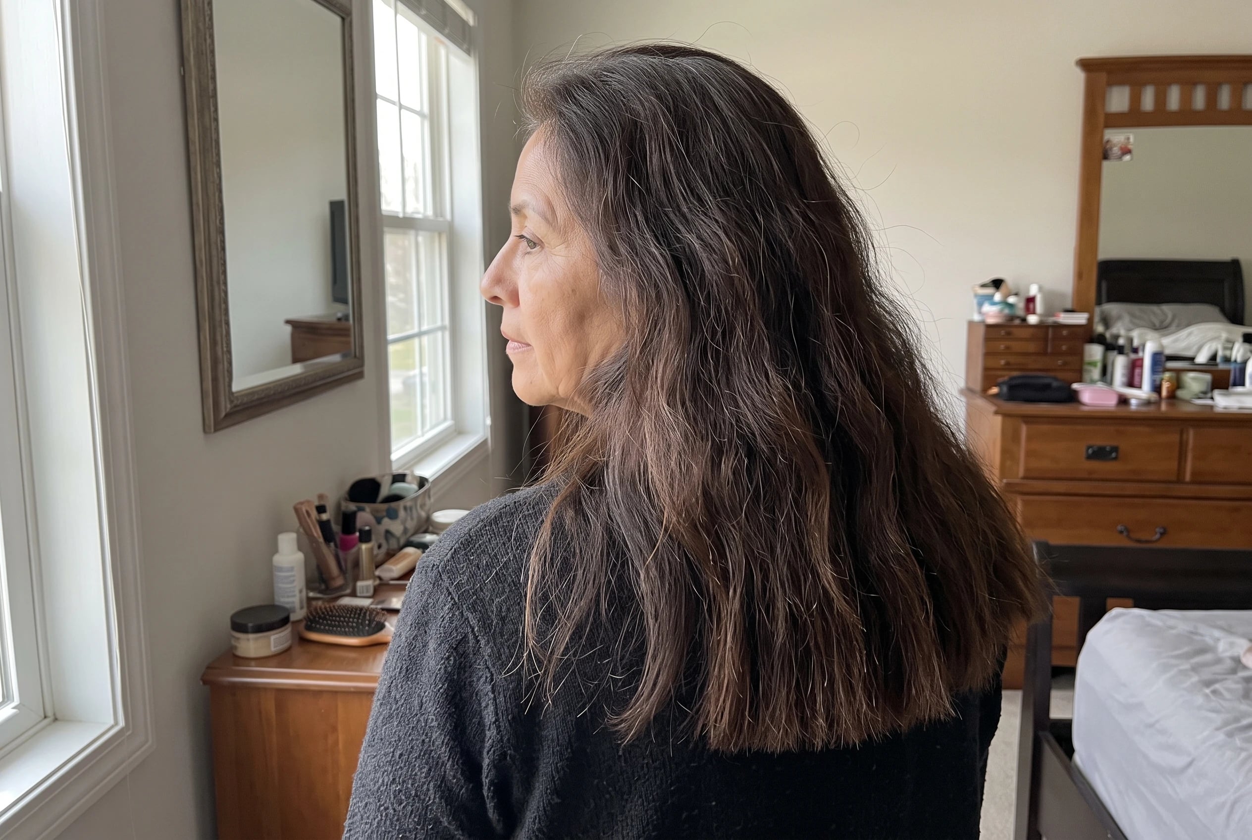 Long waves with a blunt bottom fall down the back of a woman over 50 as she checks their length in a bedroom mirror.