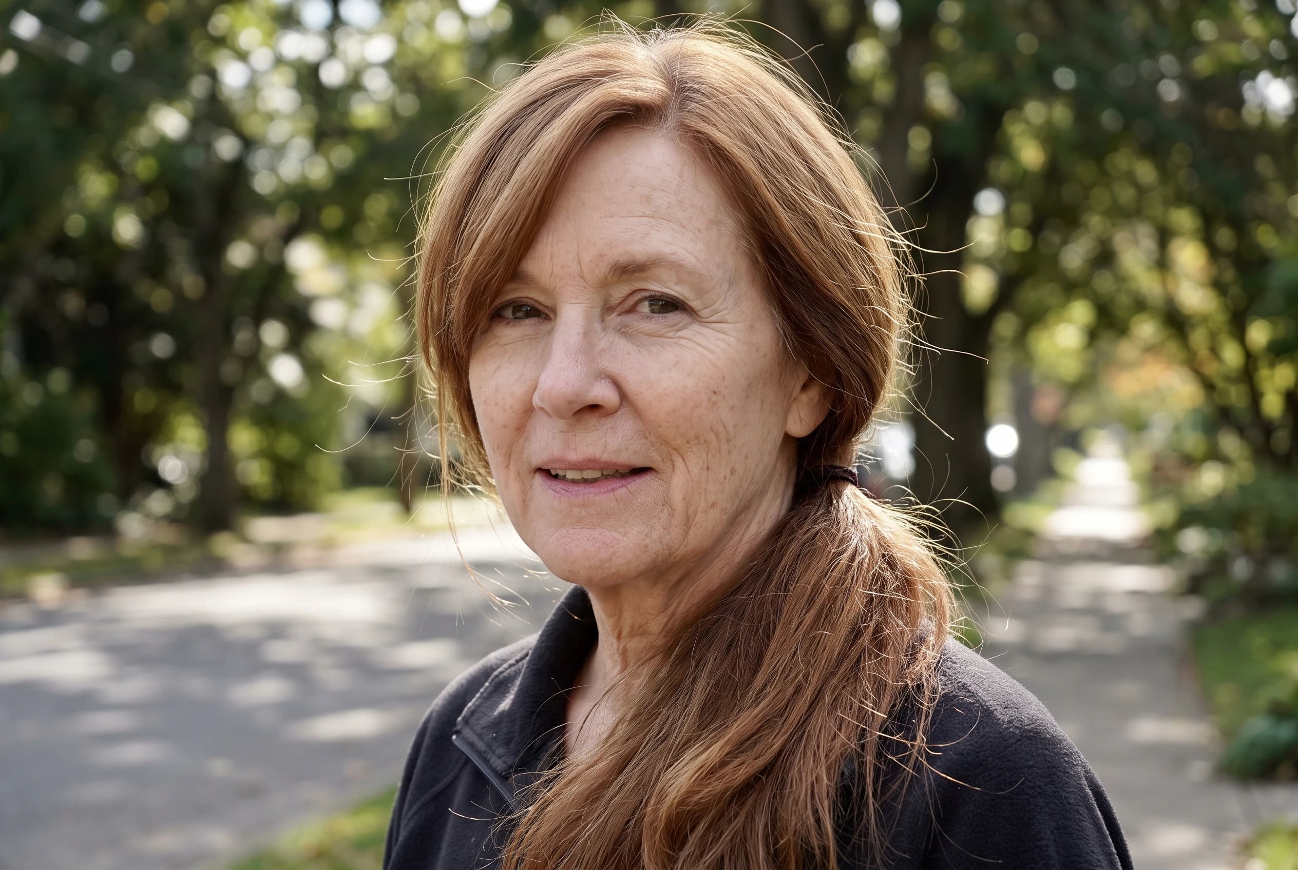 A low ponytail with a side part sits at the nape of a woman in her sixties as she walks along a tree-lined street in daylight.