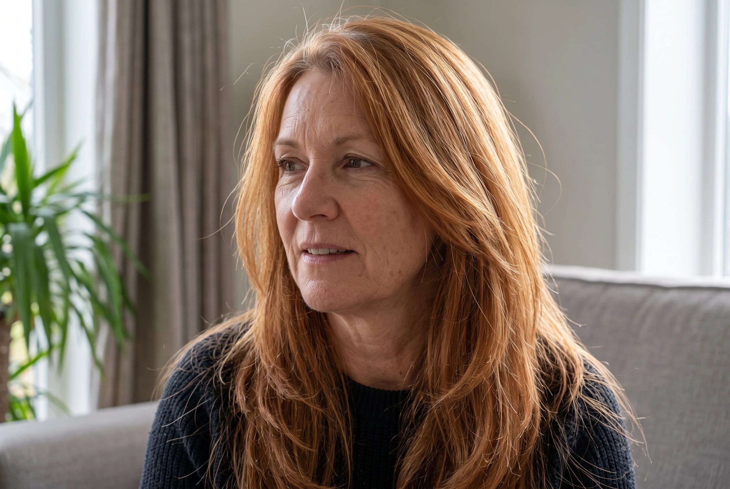 Long copper hair with loose layers catches window light around a woman over 50 standing in her living room.