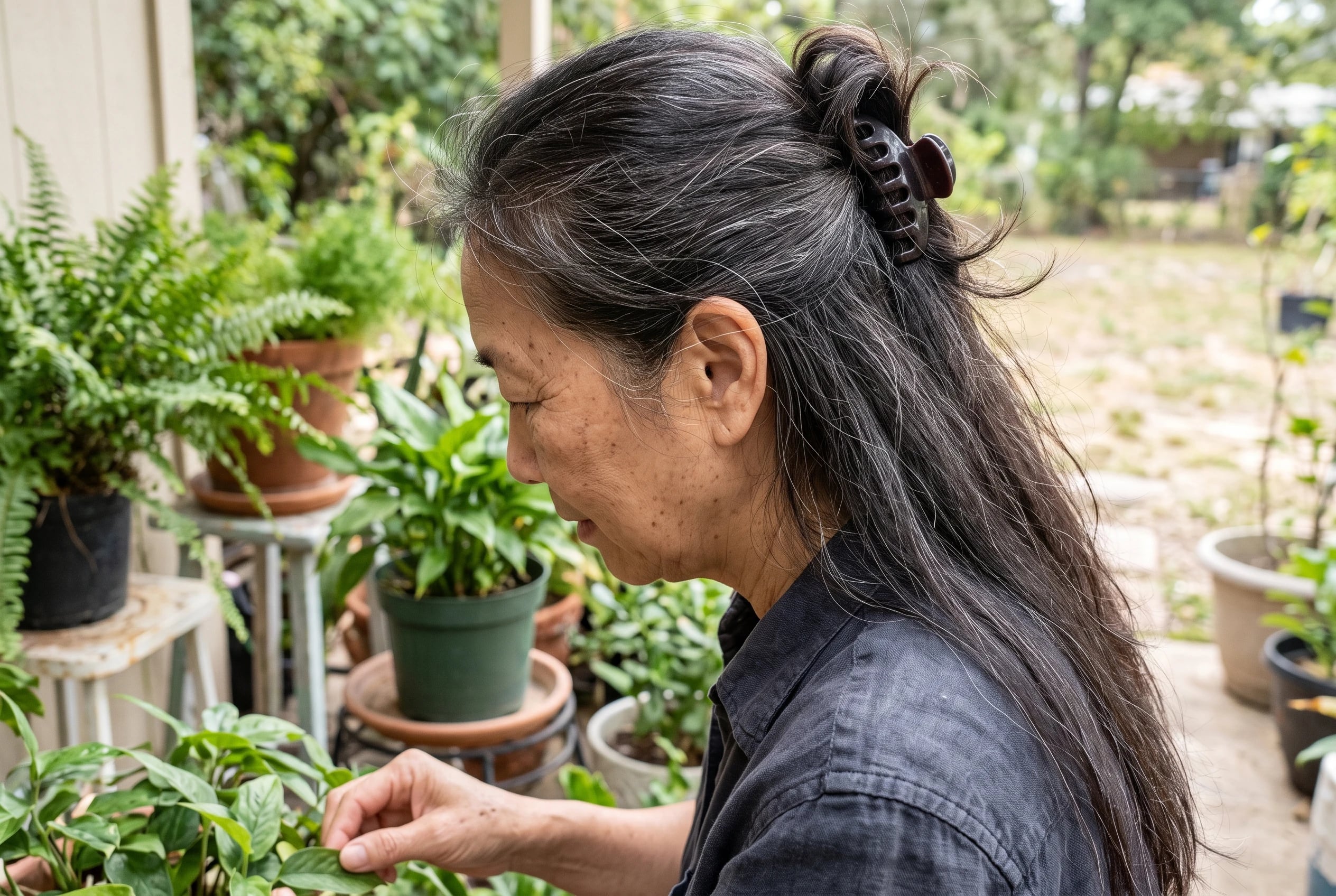 A half-up claw clip twist holds the upper hair of a woman in her sixties as she tends plants on her patio.