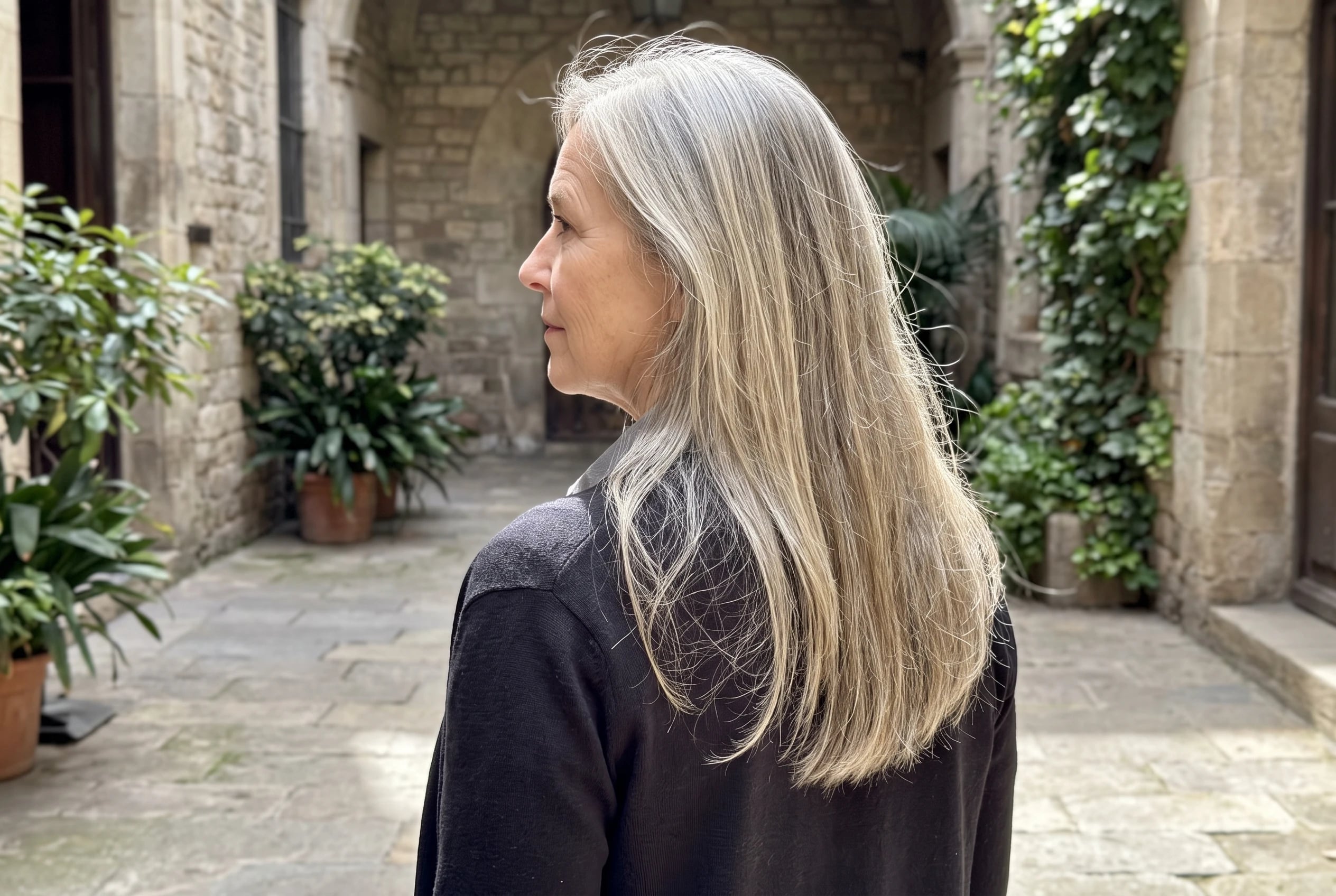 Long hair with a shallow U-shaped hemline falls down the back of a woman in her late fifties walking through a sunny courtyard.
