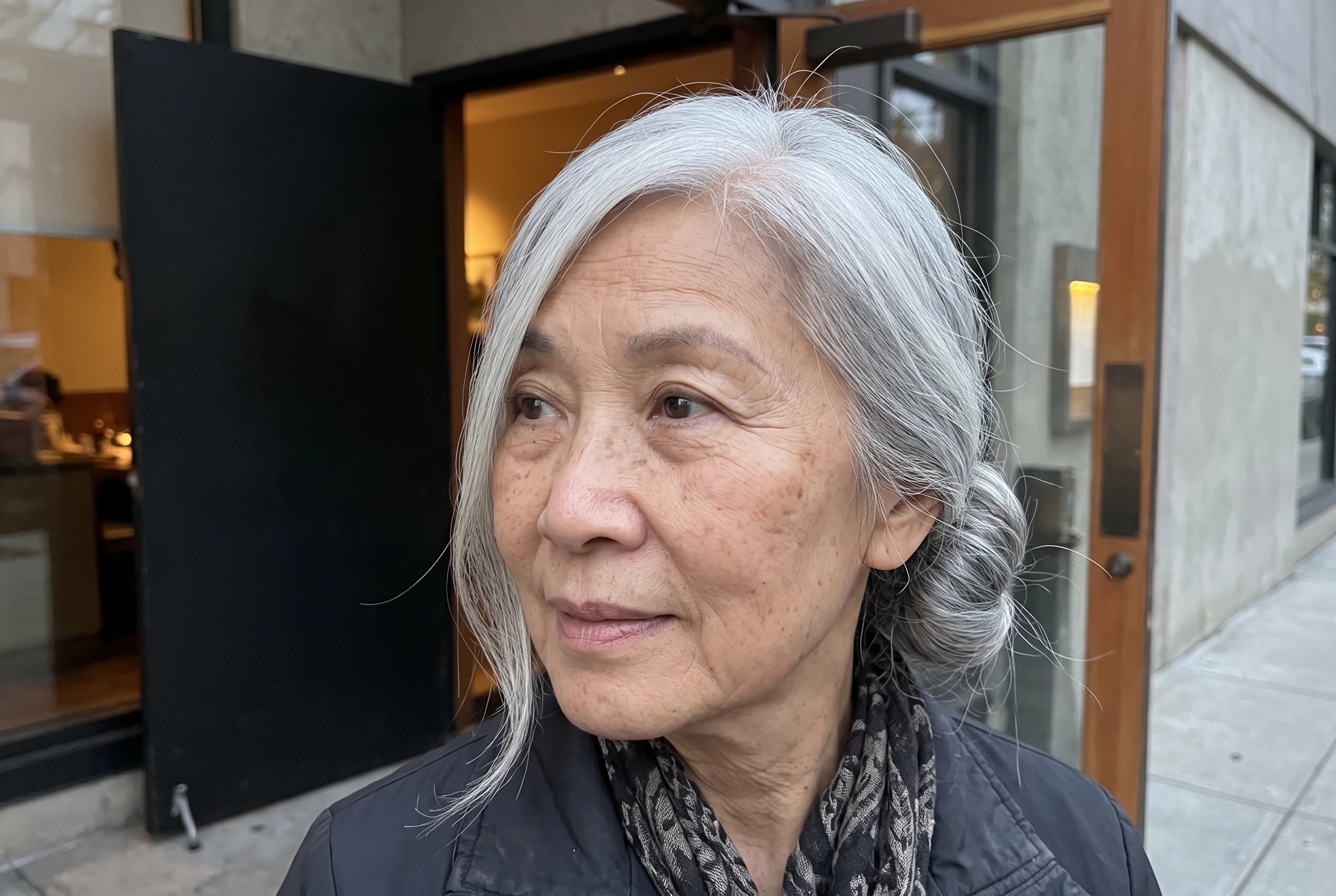 A low chignon with a long side sweep frames a woman over 50 as she leaves a restaurant at night.