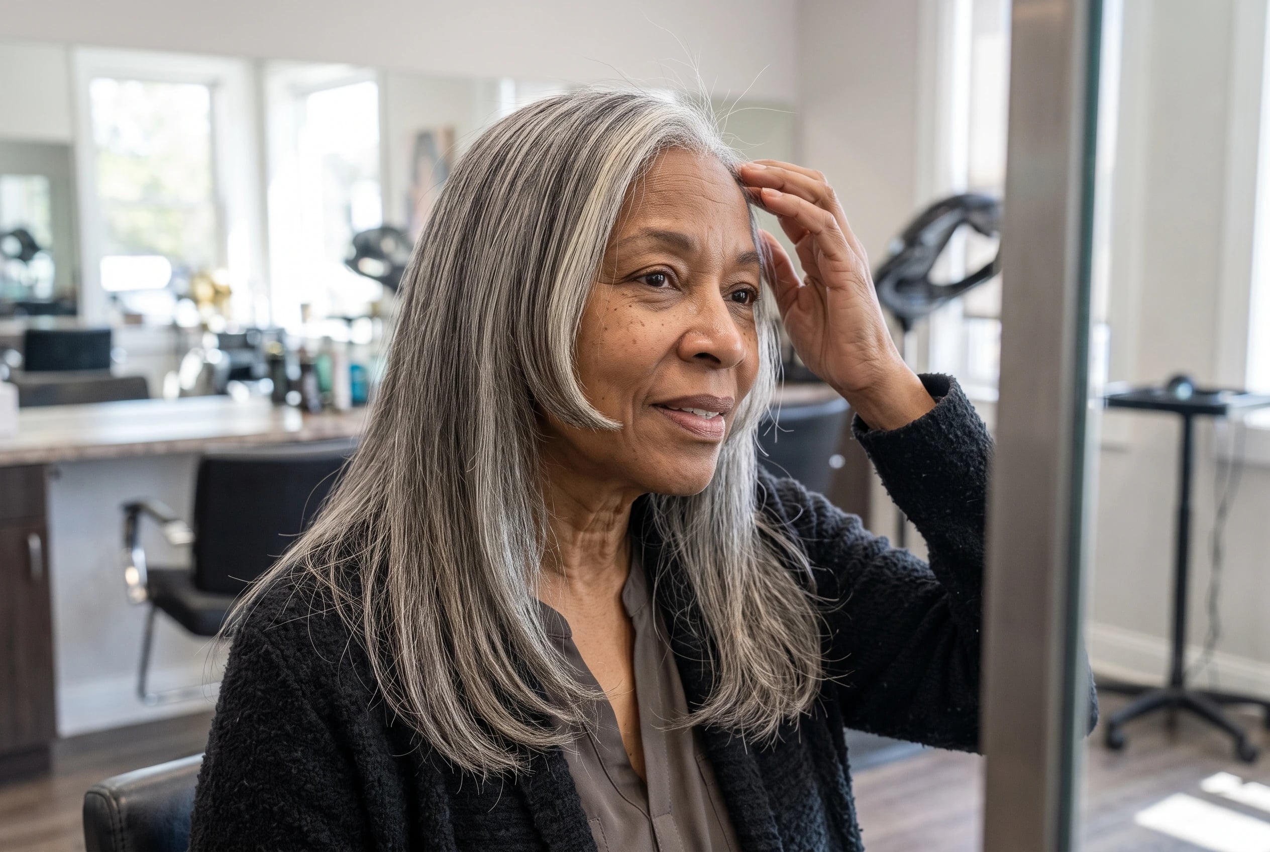 A jaw-length front layer frames a woman in her sixties as she stands beside a salon mirror, with the rest of her hair falling below her shoulders.