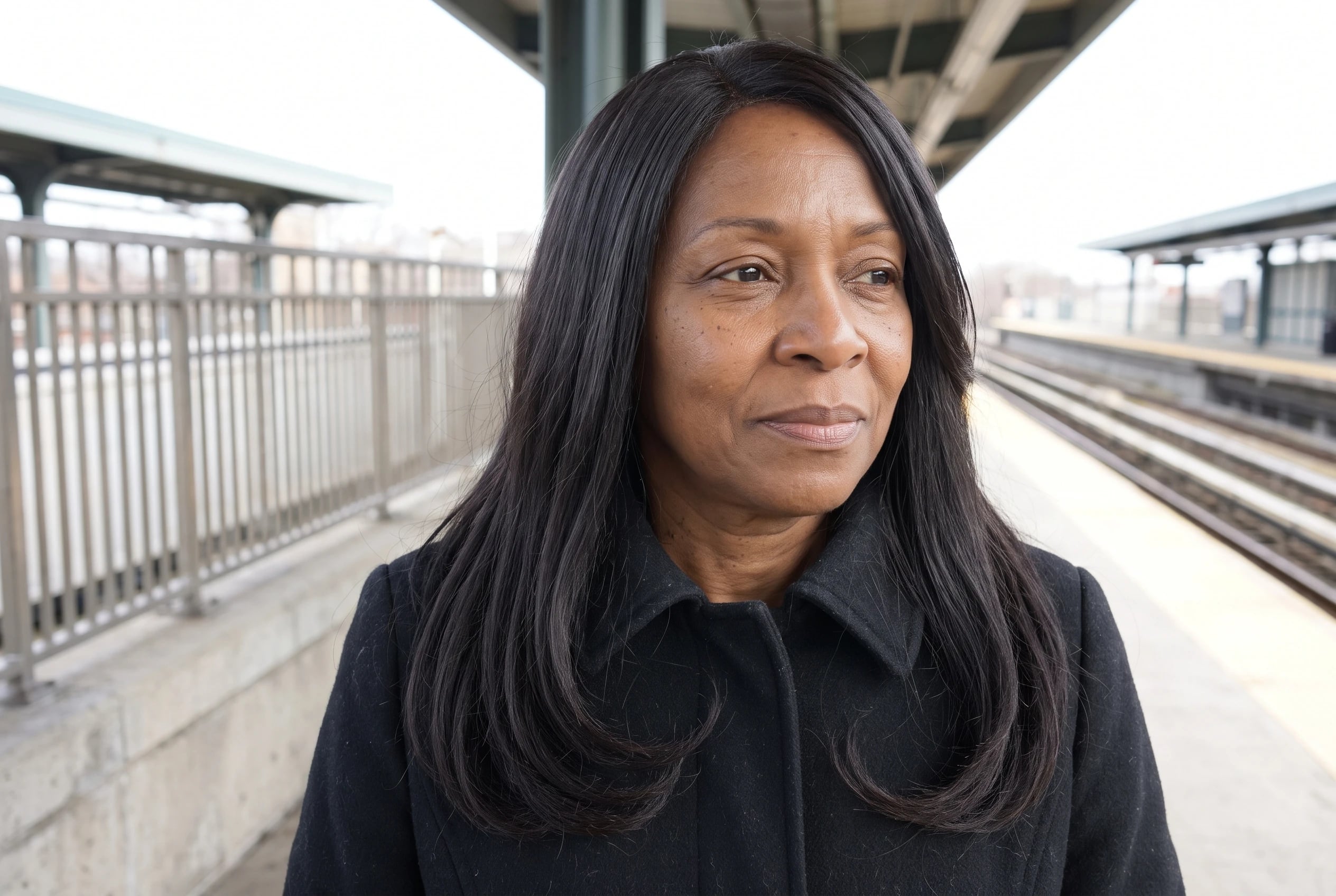 Long straight hair with curved ends rests against the coat of a woman in her late fifties waiting at a train platform.