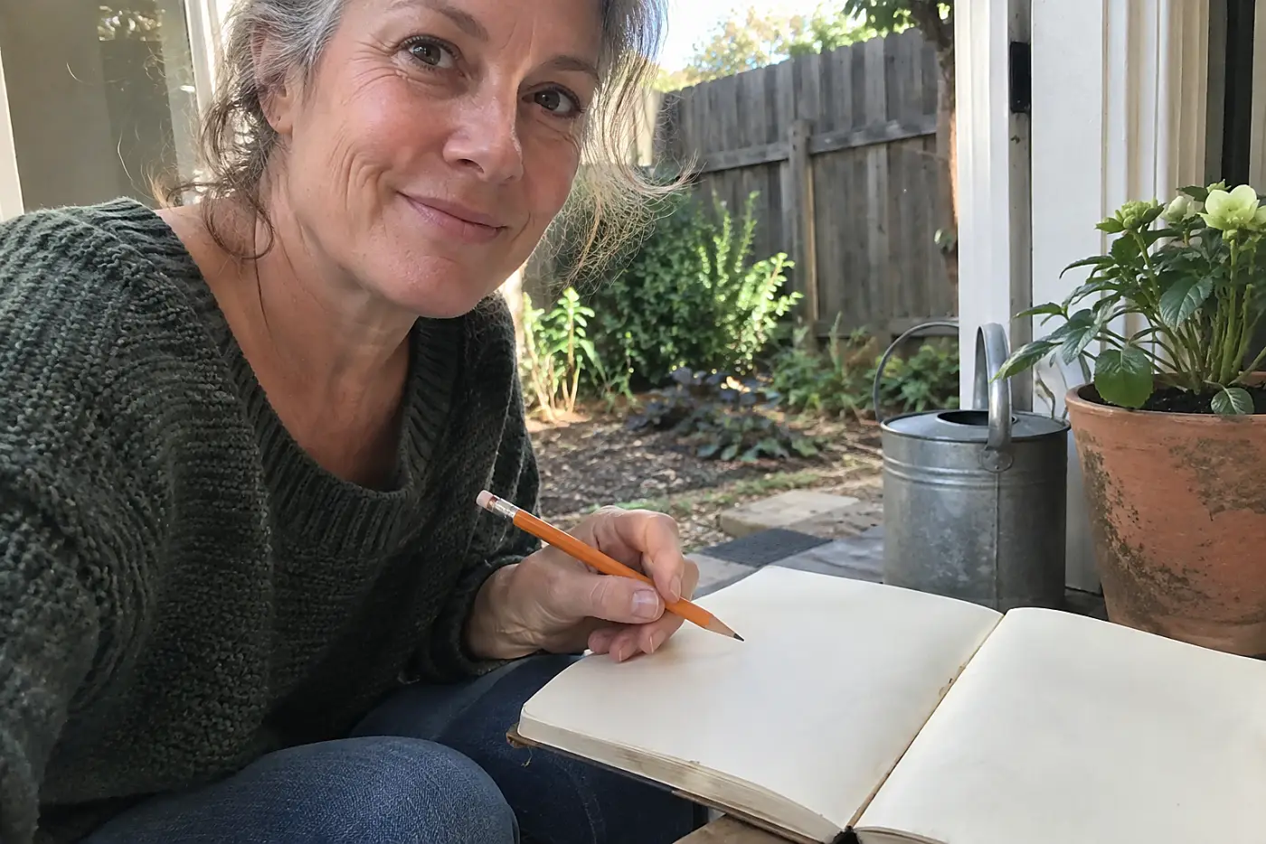 A garden notebook with muddy edges sits open beside a back door, its pages blank in view, with a woman over 50 holding a pencil nearby.