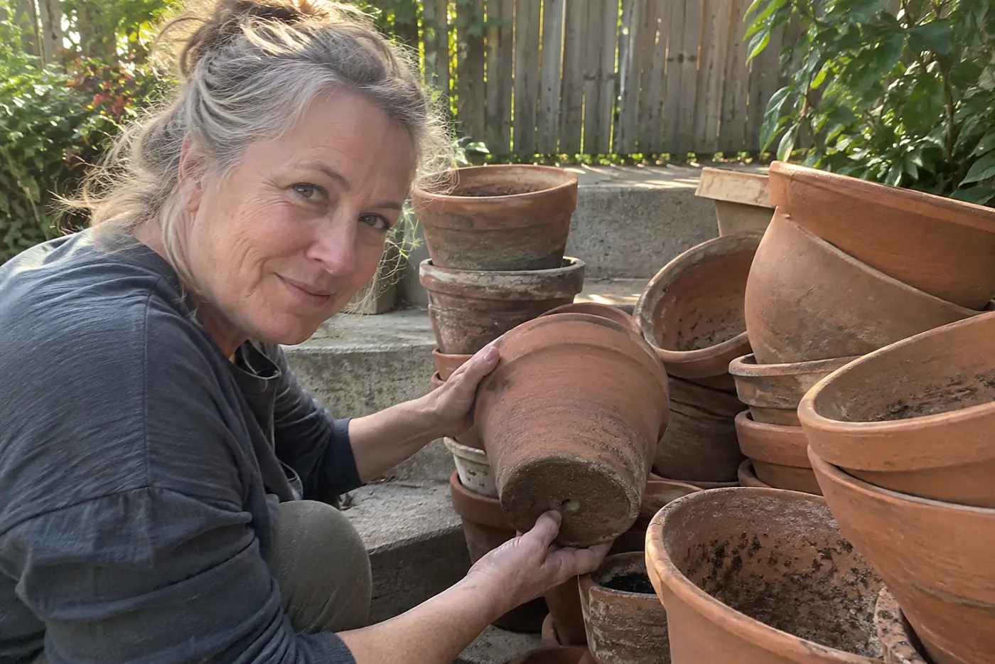 A woman over 50 with grey hair holds a terracotta pot near garden steps.