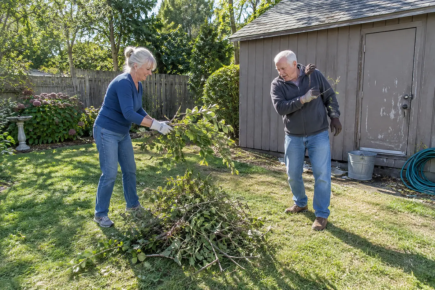 A woman in her sixties carries pruned branches to a pile beside a backyard shed.