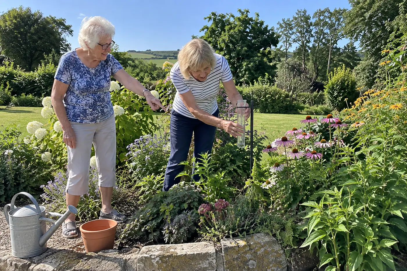 Two women in their seventies check a clear rain gauge in a garden flower border.