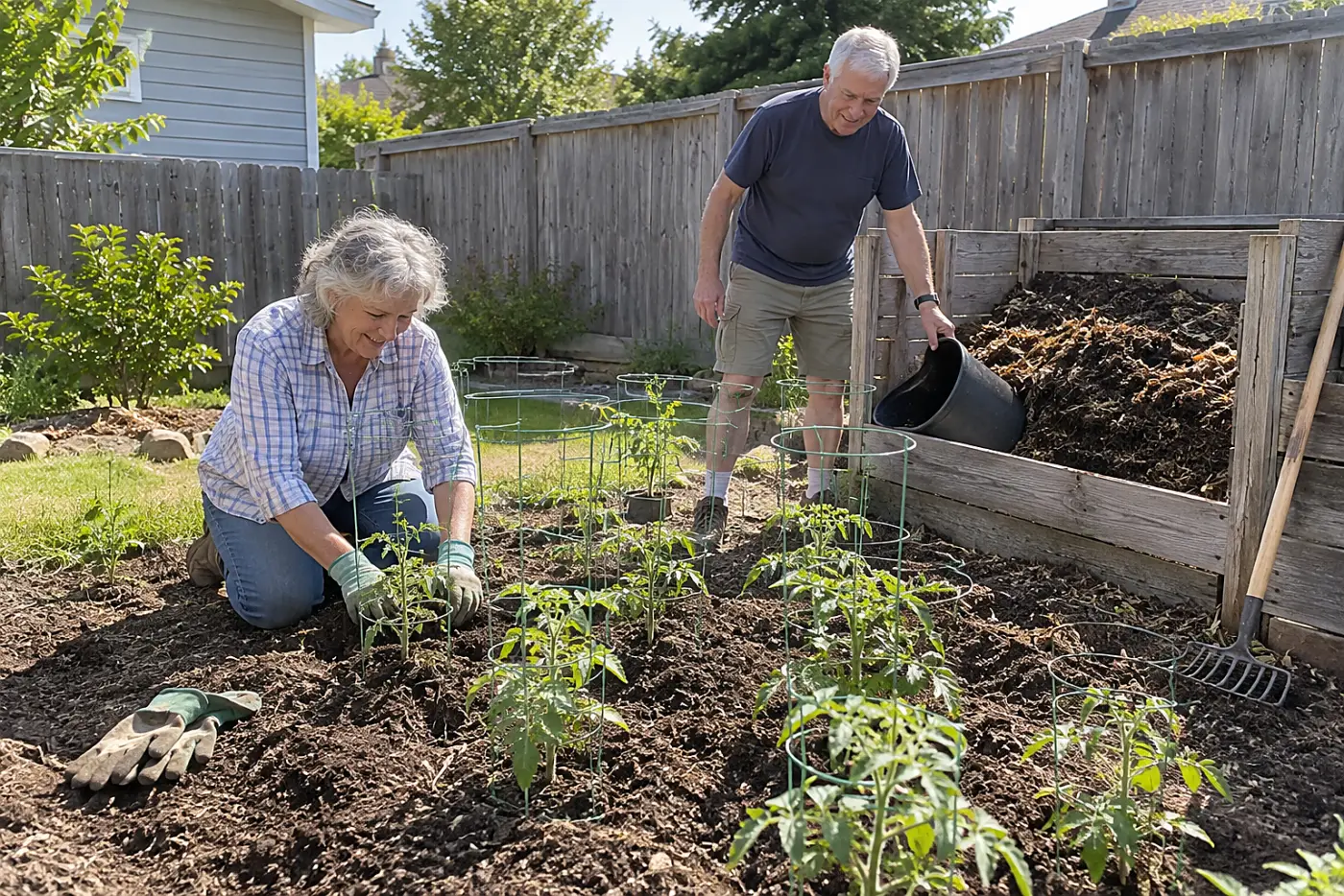 A woman in her sixties kneels to tend tomato seedlings near a backyard compost bin.