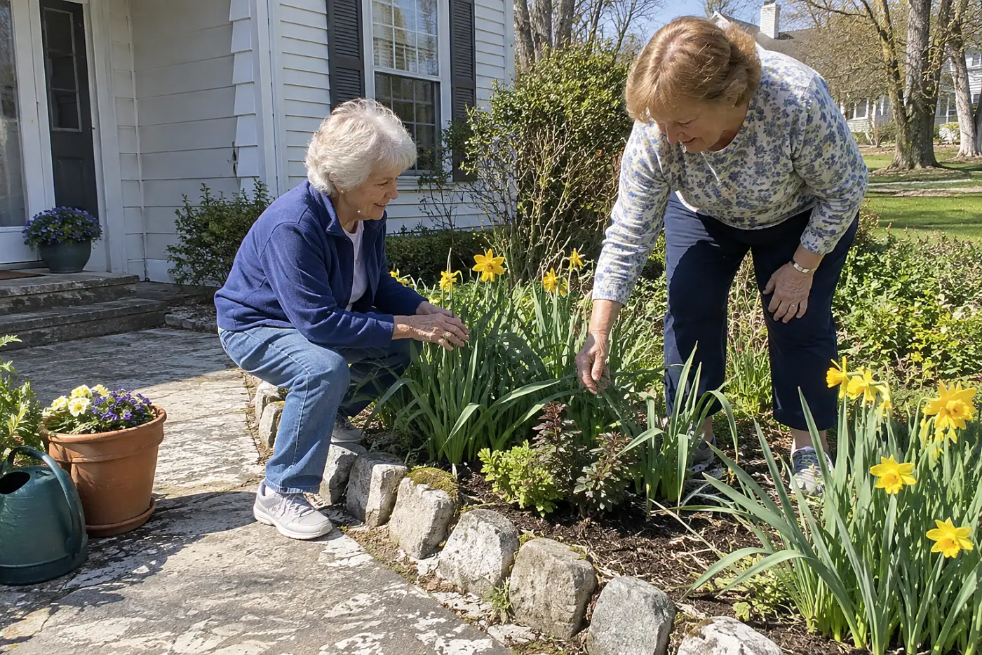 Two women tend yellow daffodils and green plants in a stone garden border.