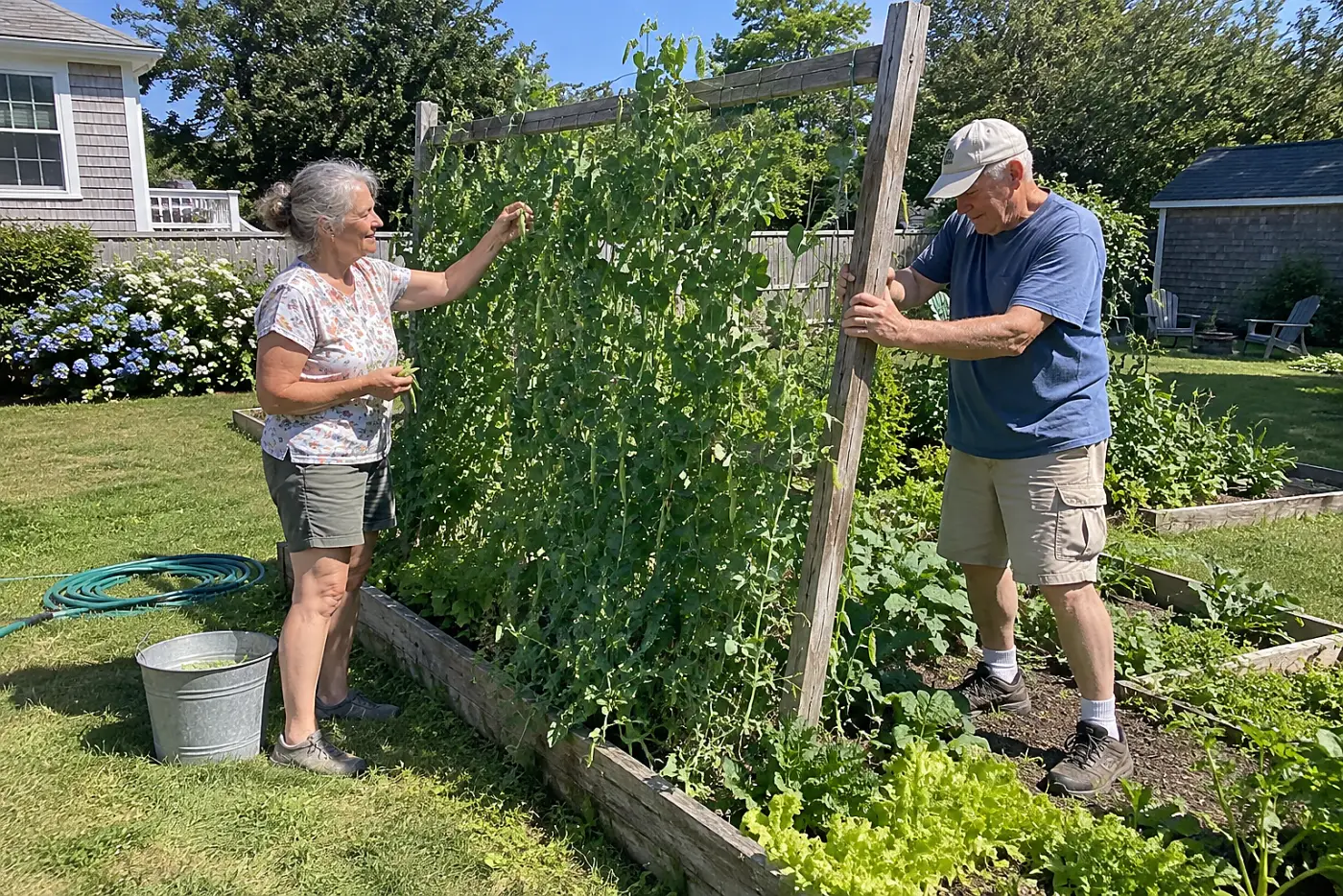 A woman in her sixties picks peas from tall vines on a crooked wooden trellis.