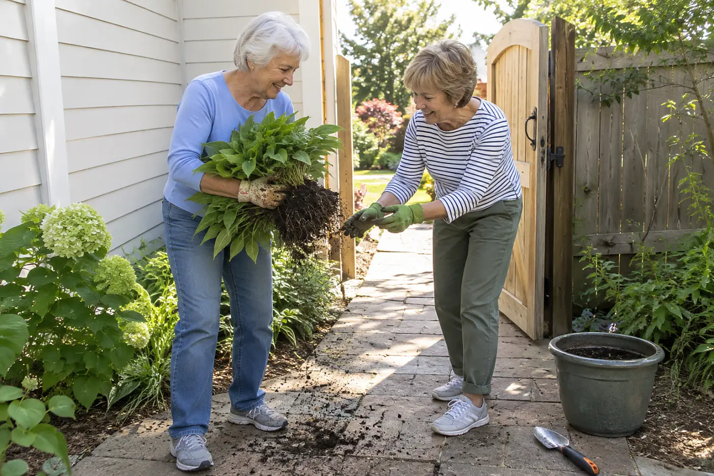 Two women in their seventies hold a clump of perennials near a wooden garden gate.