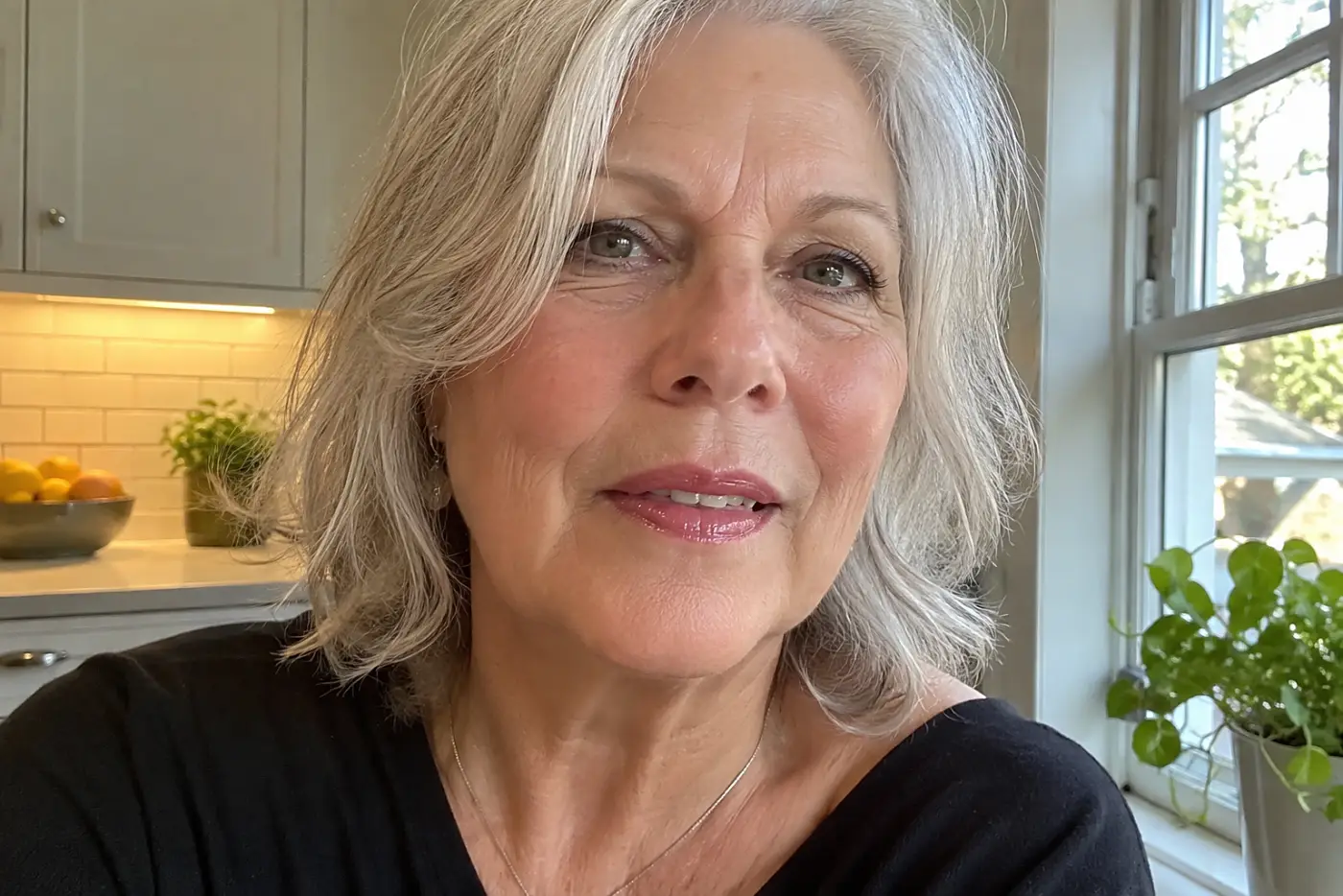 A woman in her sixties with silver hair wears glossy pink lipstick in her kitchen.