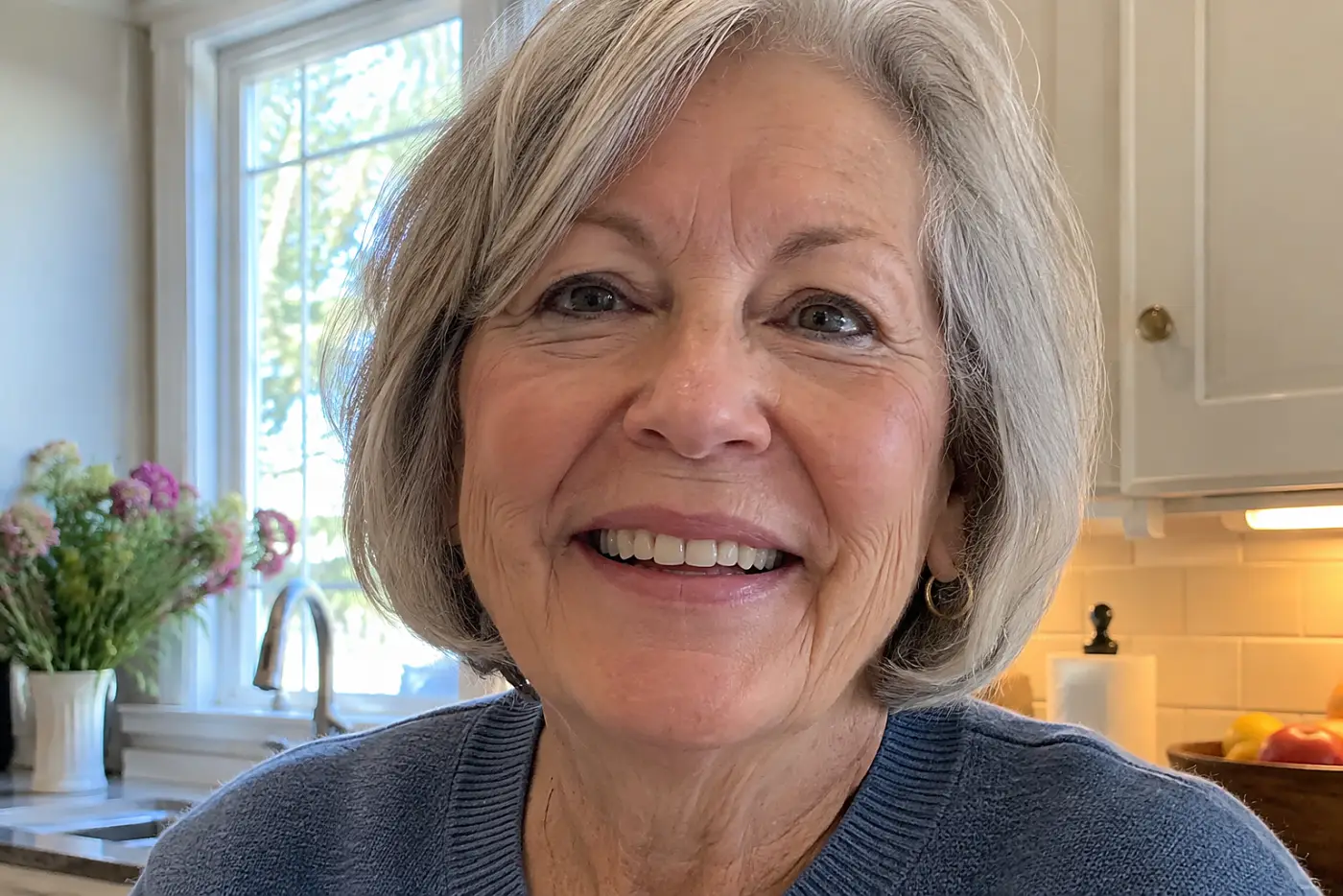 A smiling woman in her sixties with grey hair wears a blue sweater in a kitchen.