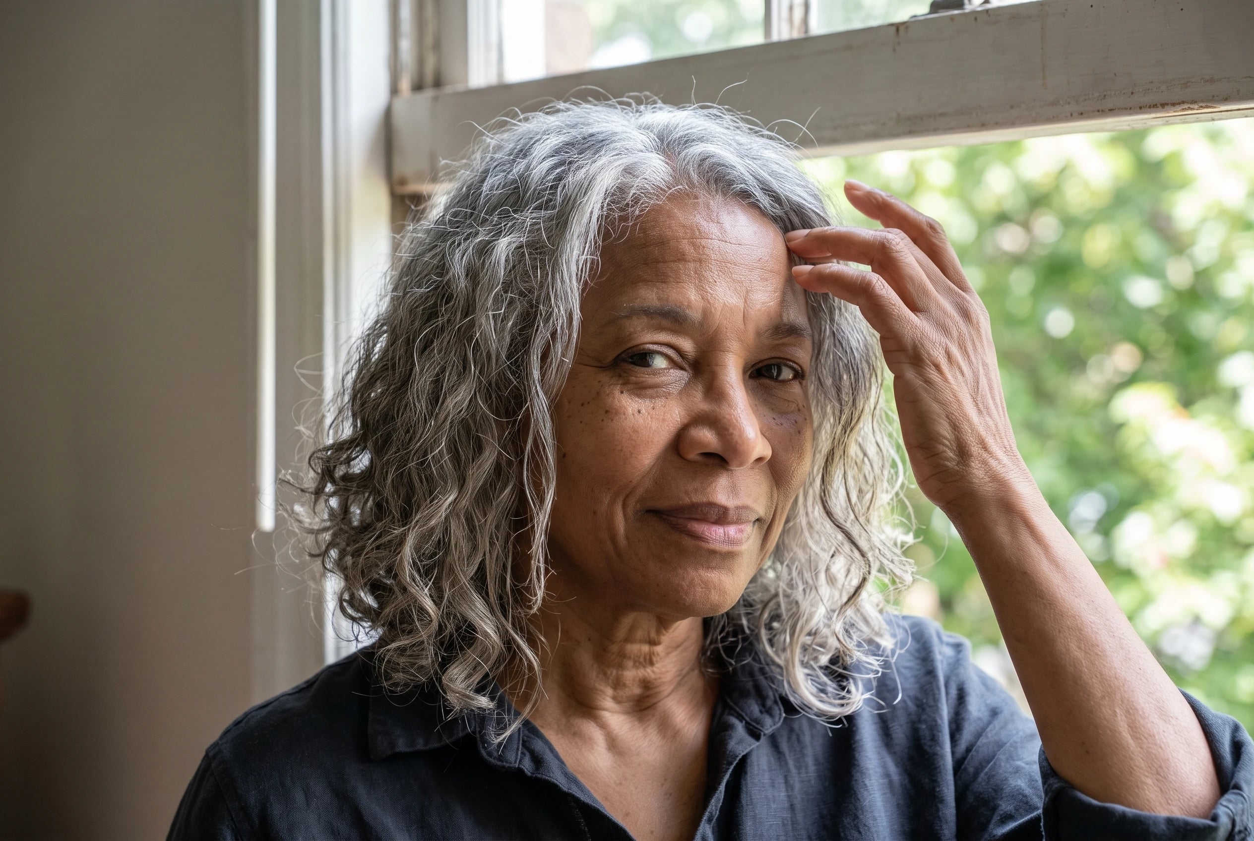 A woman in her sixties smooths her wavy gray lob by a window.