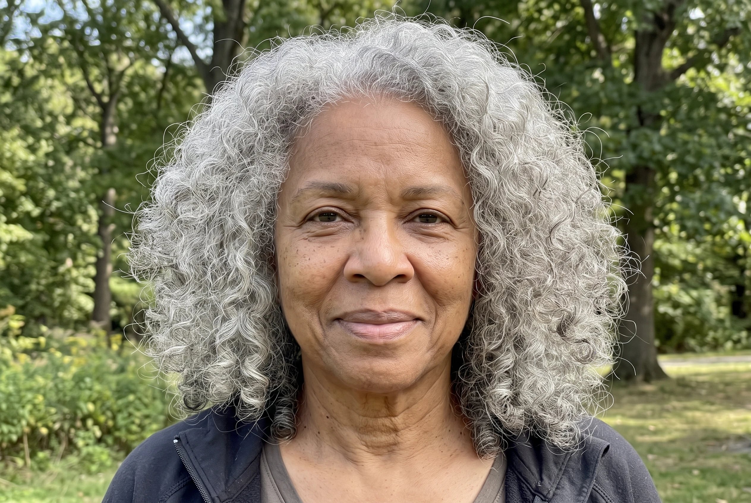 A woman in her sixties with shoulder-length curly gray hair smiles in a park.