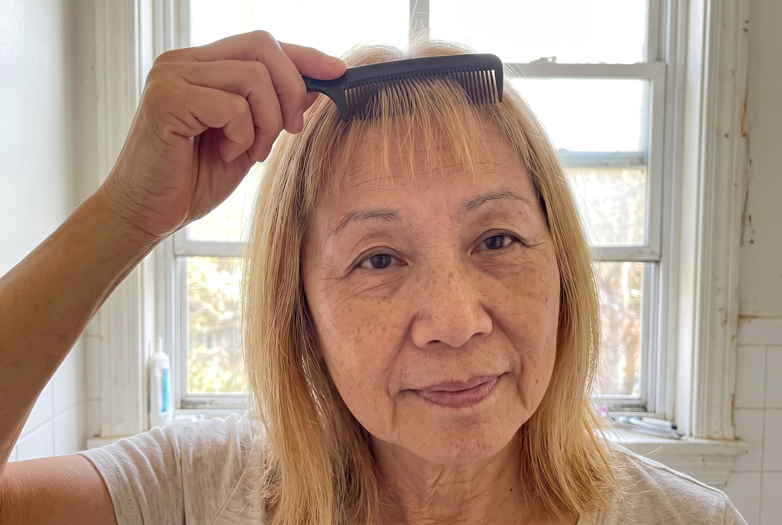 A woman in her sixties uses a black comb to style her wispy blonde bangs.