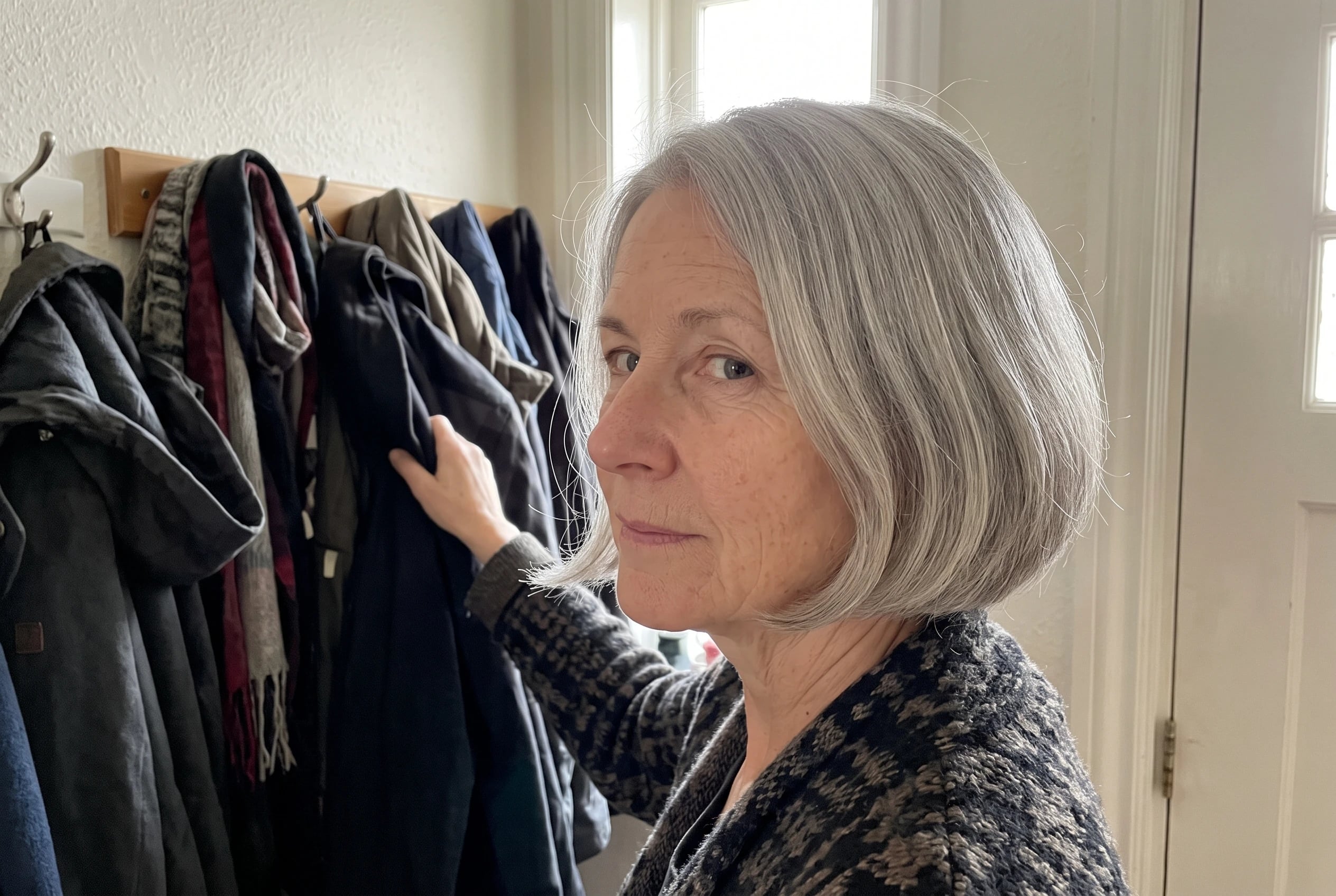 A woman in her sixties with a silver rounded bob reaches for a hanging coat.
