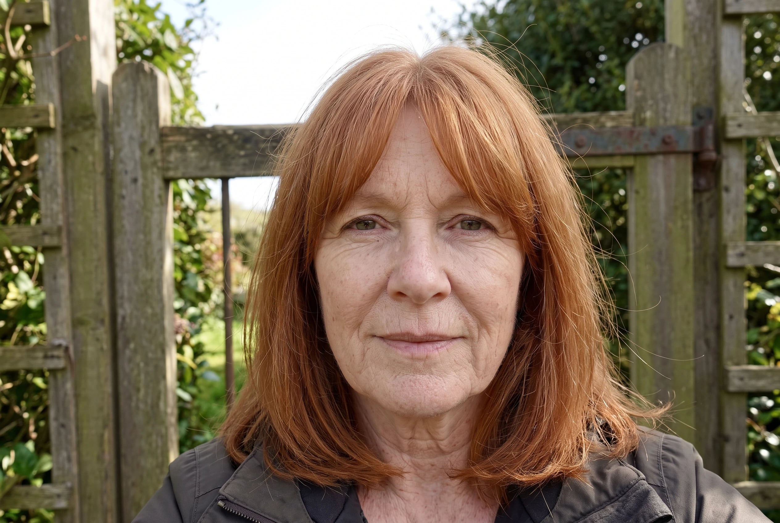 A woman in her sixties with red hair and curtain bangs stands by a garden gate.