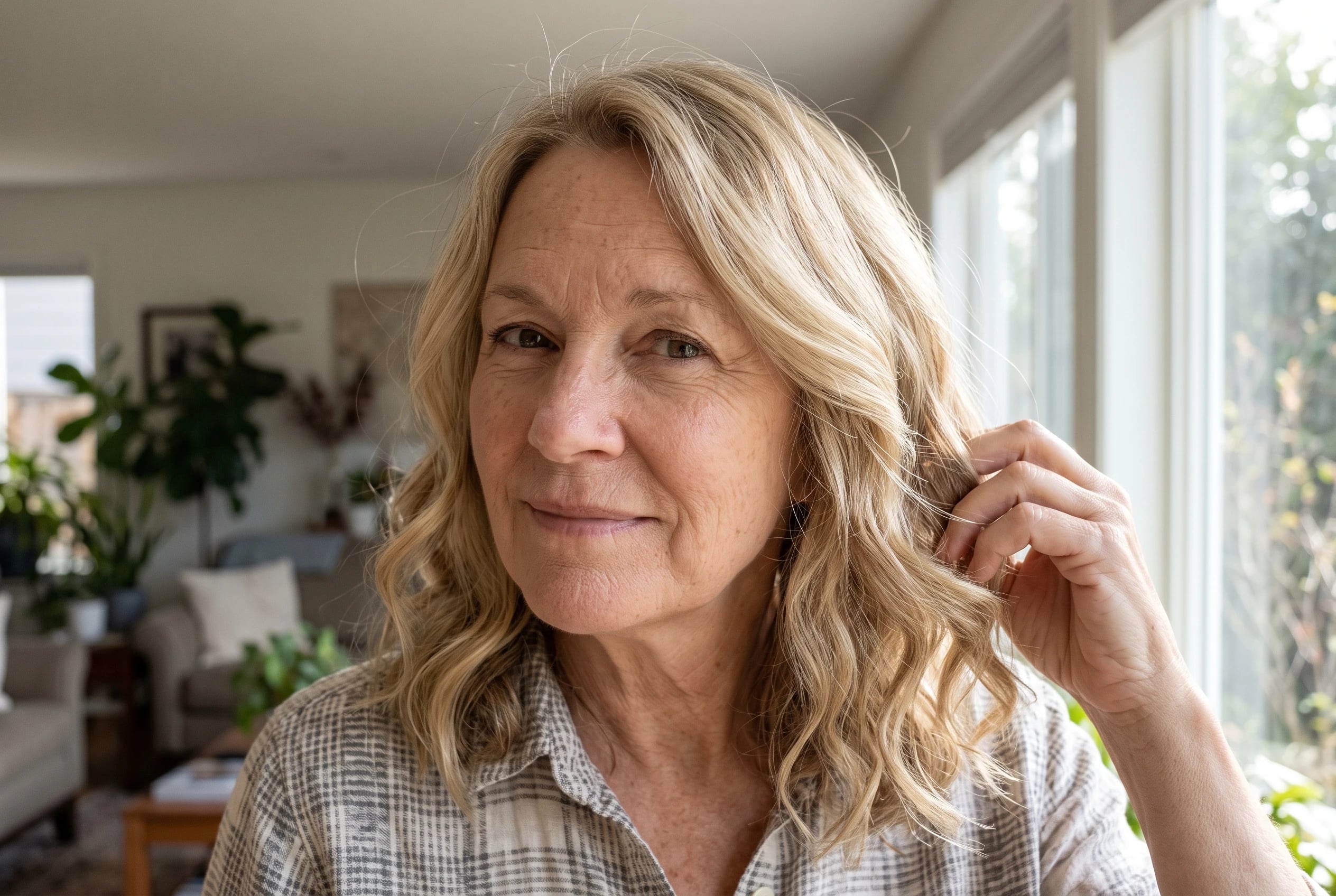 A woman in her sixties scrunches her wavy blonde lob in a sunlit room.