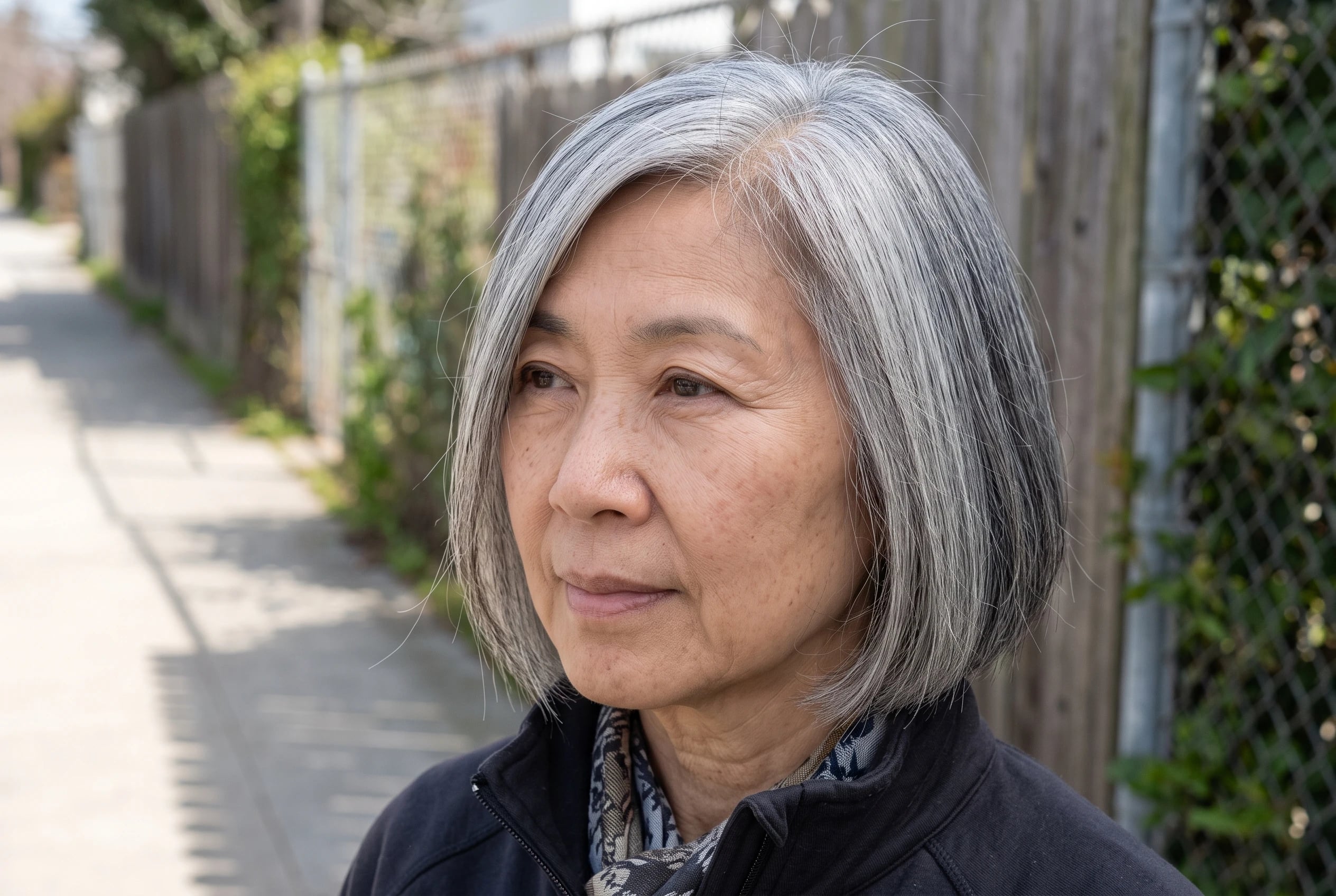 A woman in her sixties sports a chin-length gray bob with a deep side part.