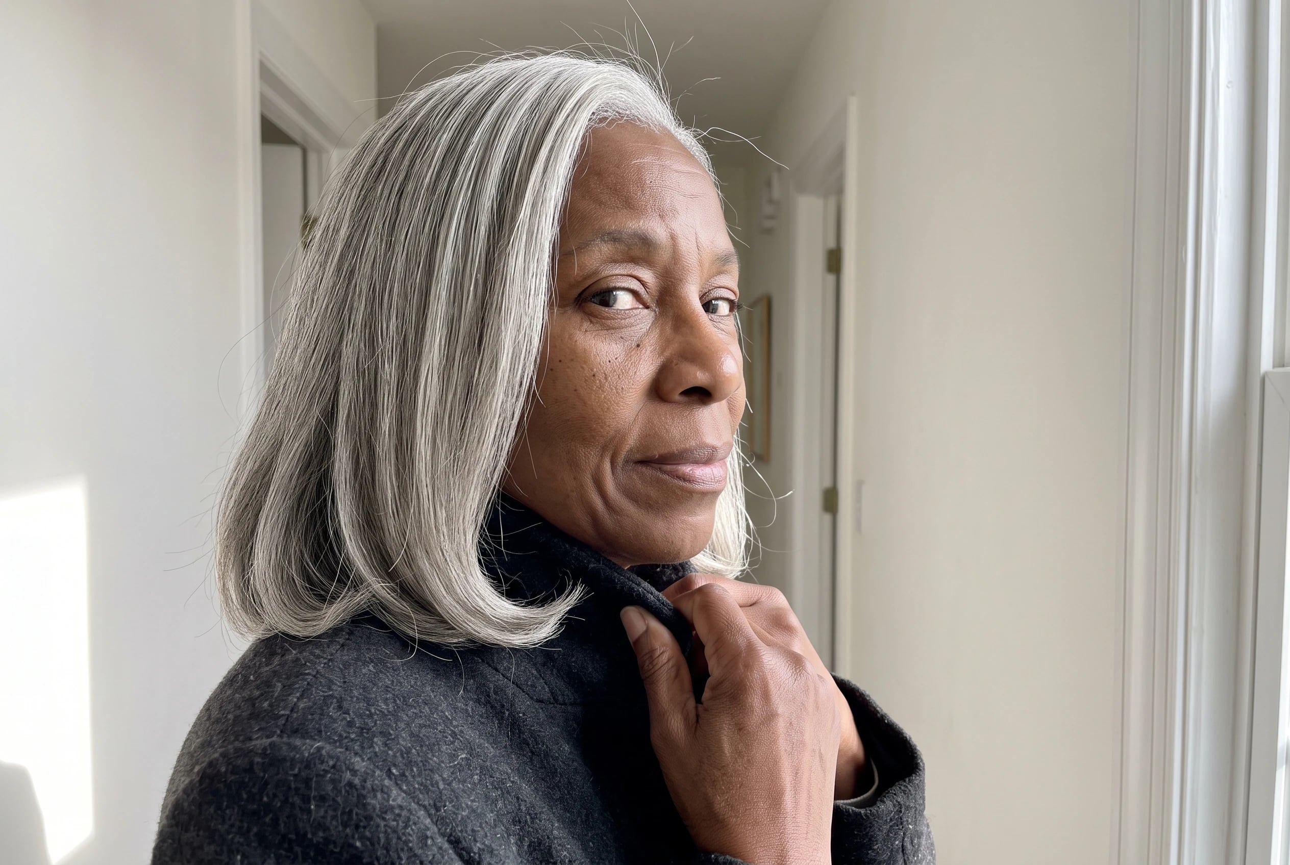A woman in her sixties with a silver collarbone lob holds her dark coat collar.