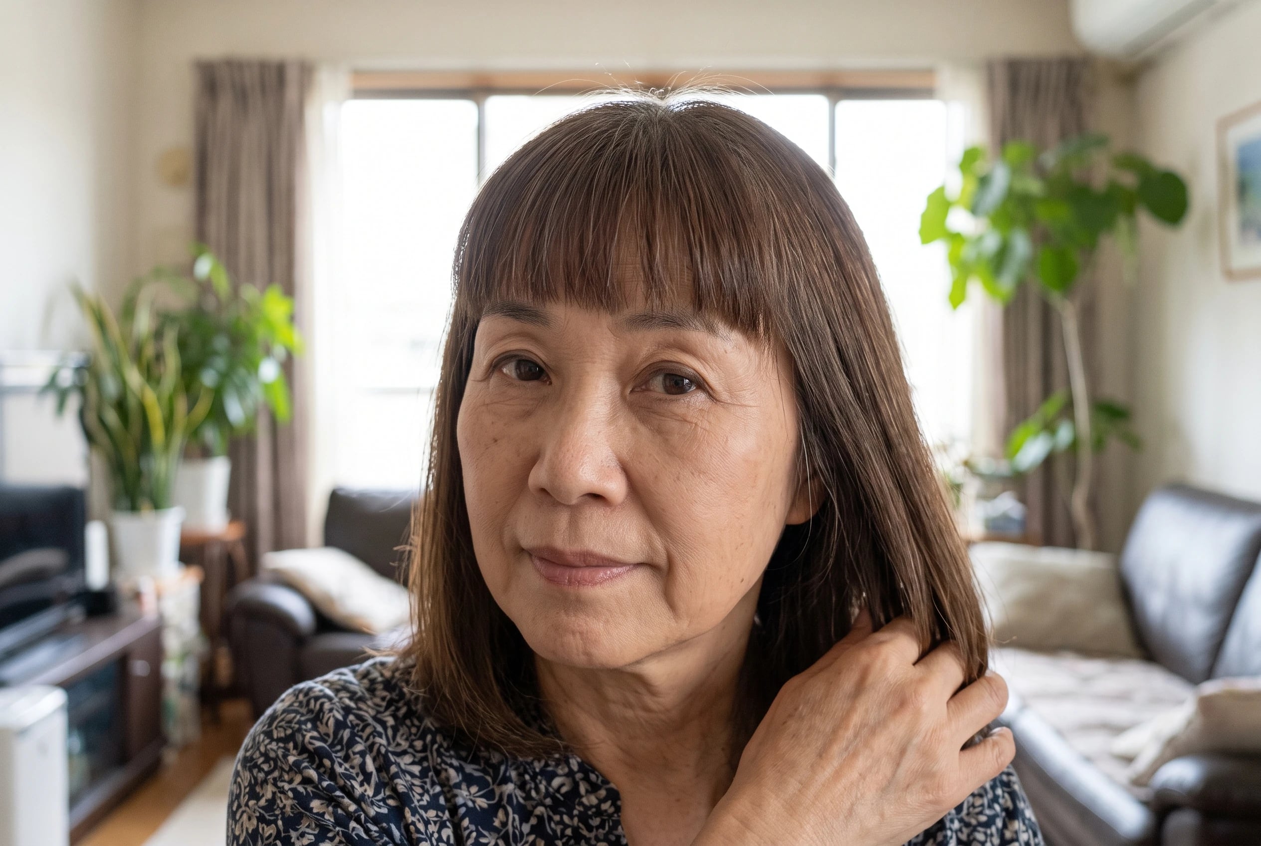 A woman in her sixties touches her shoulder-length brown hair with a blunt fringe.