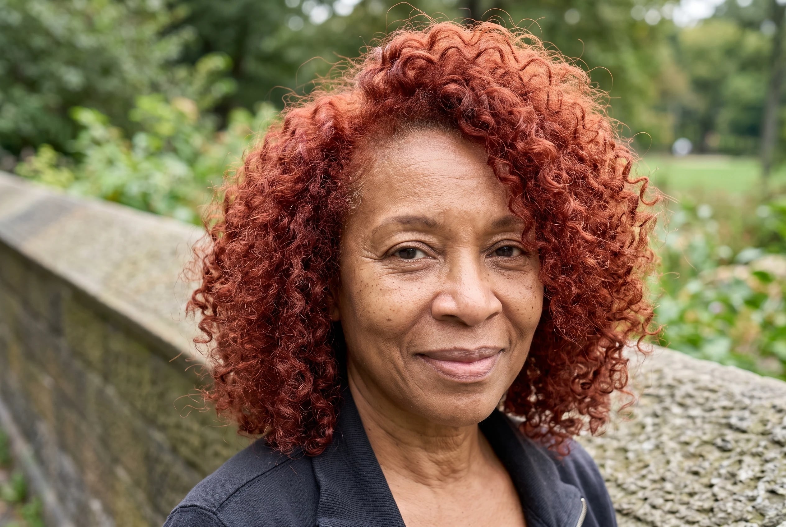 A woman in her sixties with a curly red lob stands beside a stone wall.