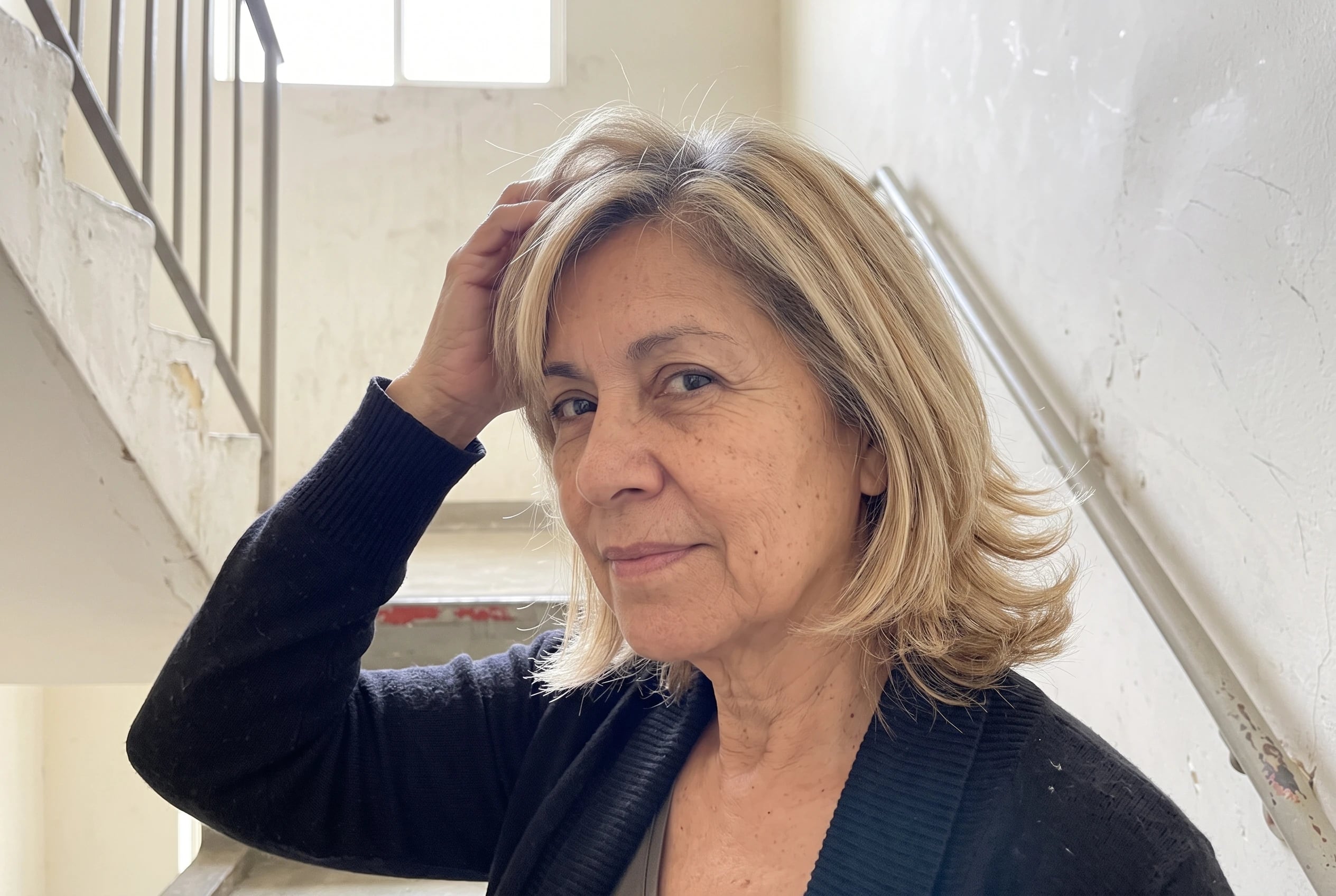 A woman in her sixties touches her blonde layered hair with outward ends in a stairwell.