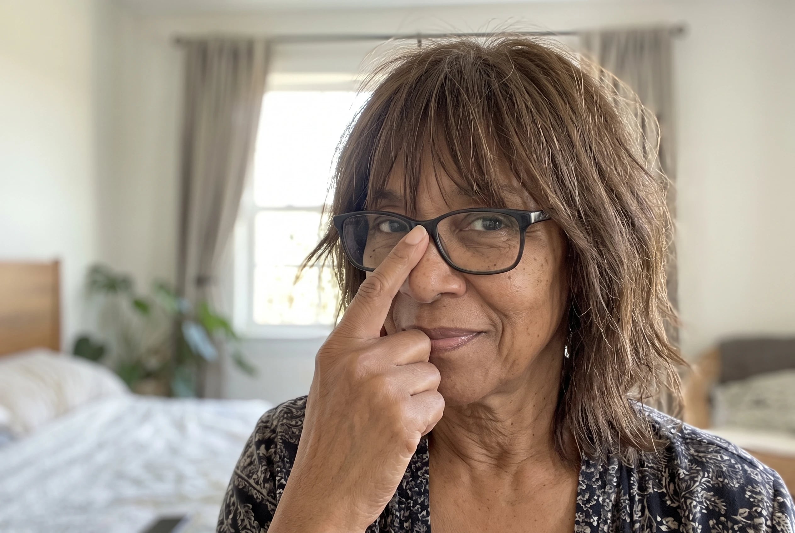 A woman in her sixties with a shoulder-length brown shag and long bangs touches her glasses.