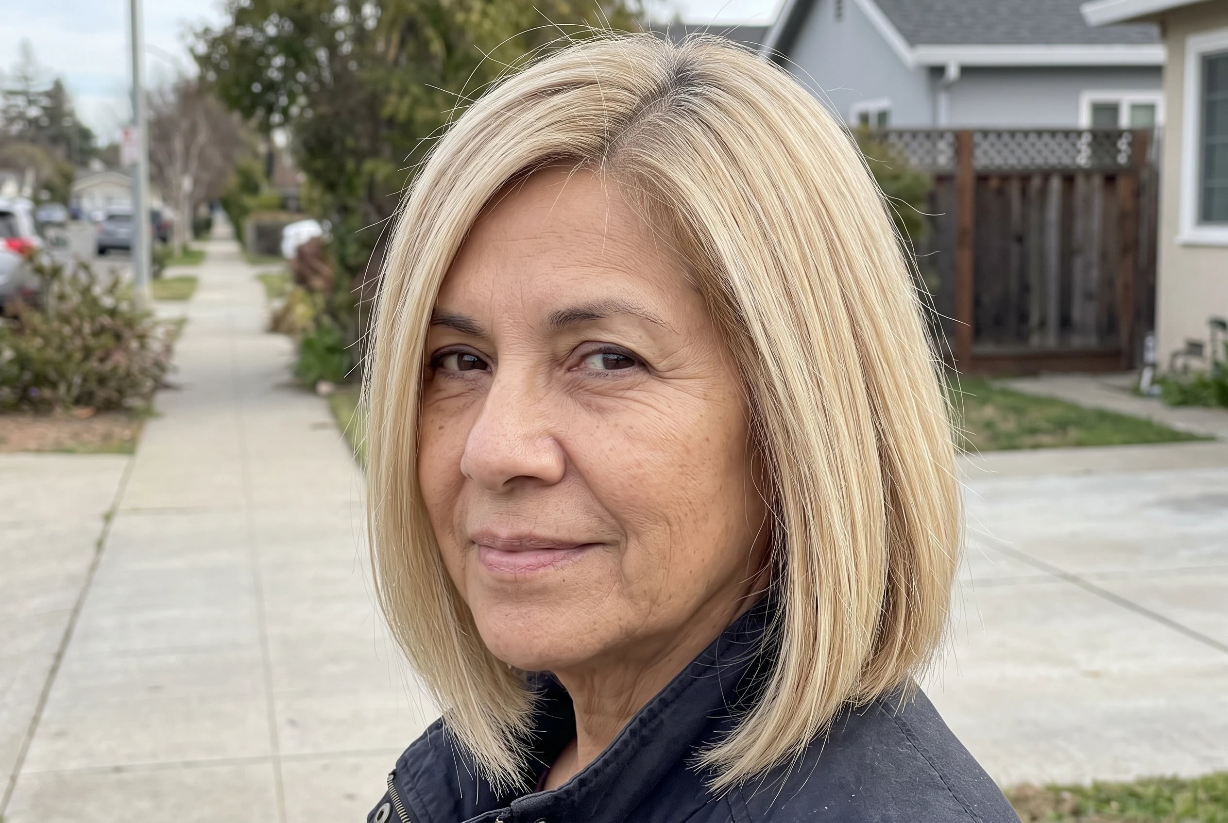 A woman in her sixties with a side-parted blonde bob stands on a neighborhood sidewalk.