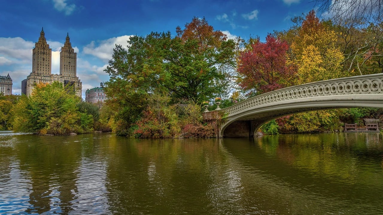 Bow Bridge arching over the Central Park lake in autumn with the San Remo towers behind