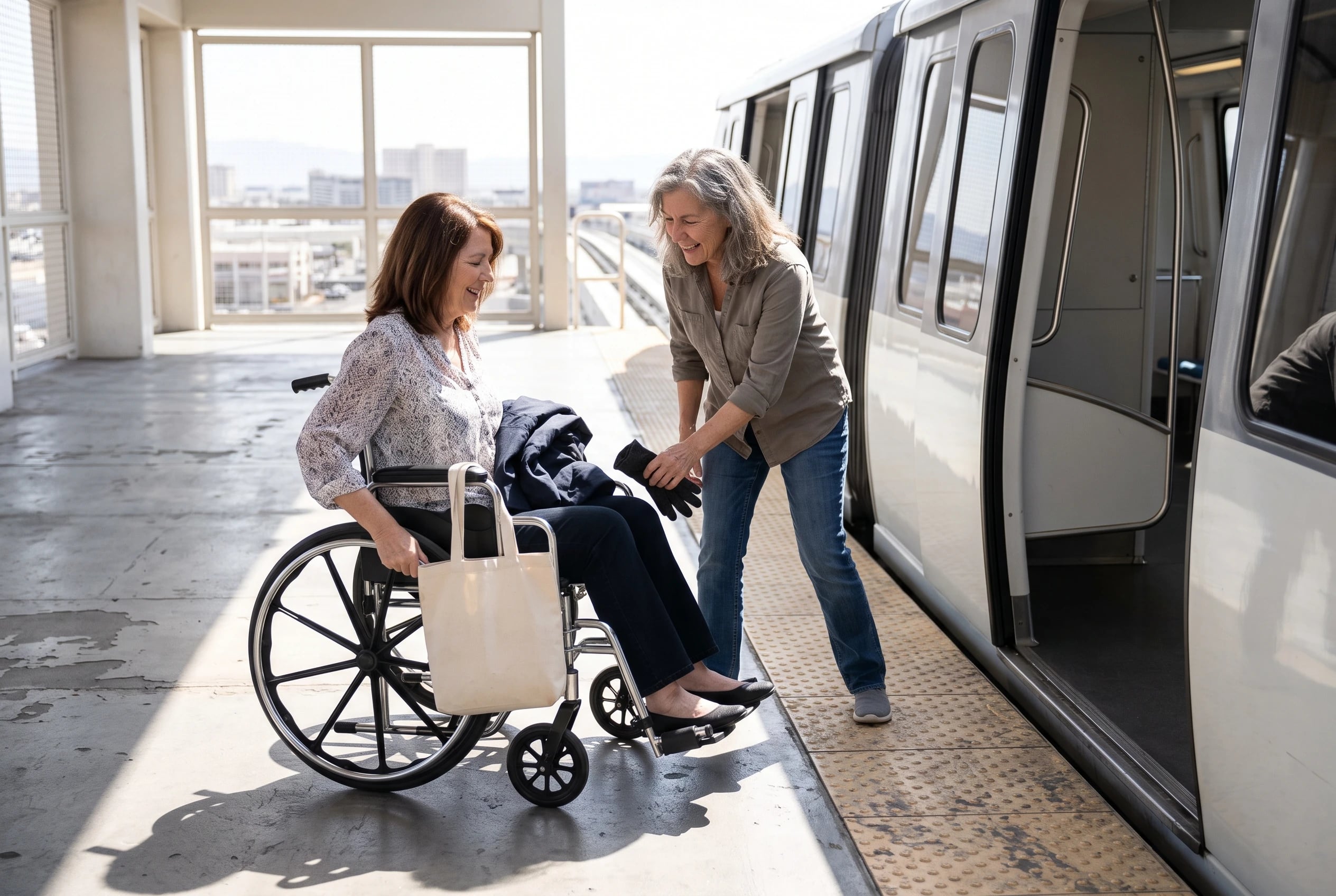 Older woman rolling onto a Las Vegas Monorail train from a station platform.