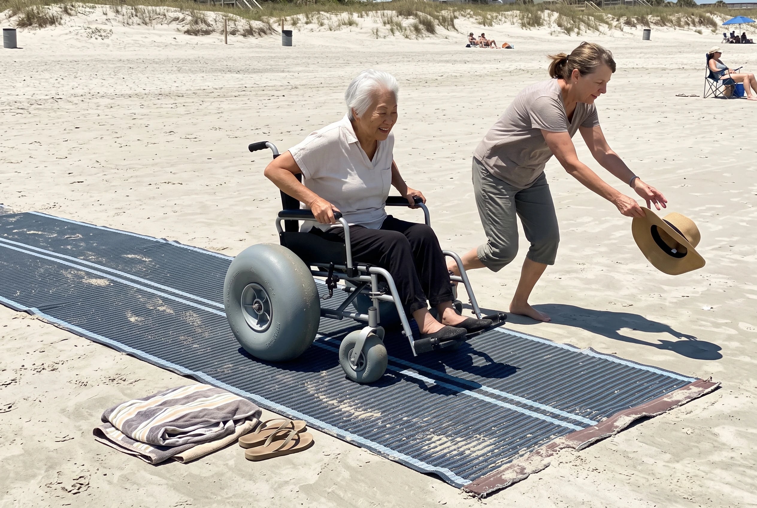 Older woman moving across the Mobi-Mat at Amelia Island’s Main Beach in a beach wheelchair.