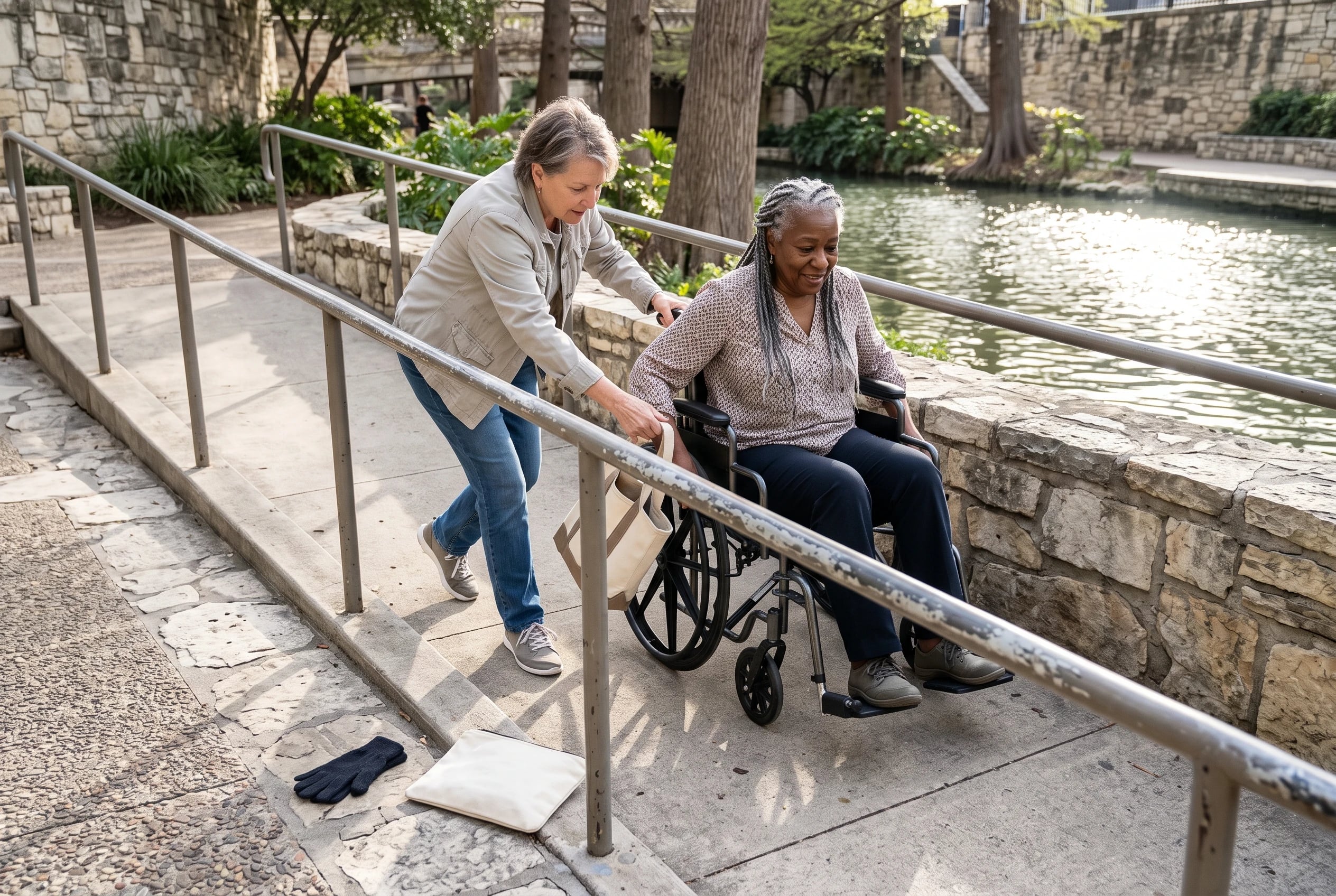 Older woman rolling her wheelchair down a ramp beside the San Antonio River Walk.