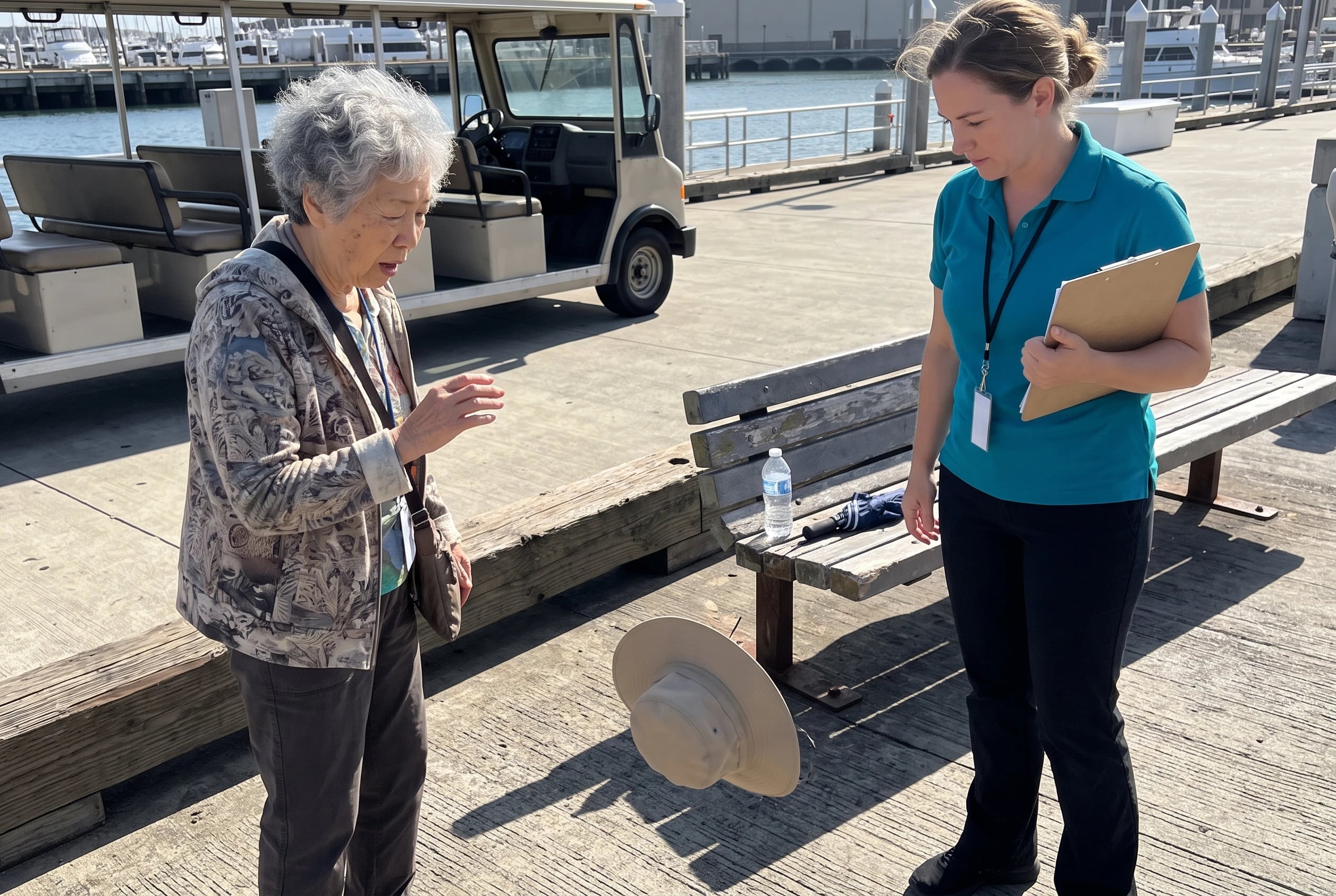 Older woman speaking with a cruise excursion attendant beside a docked tour vehicle.